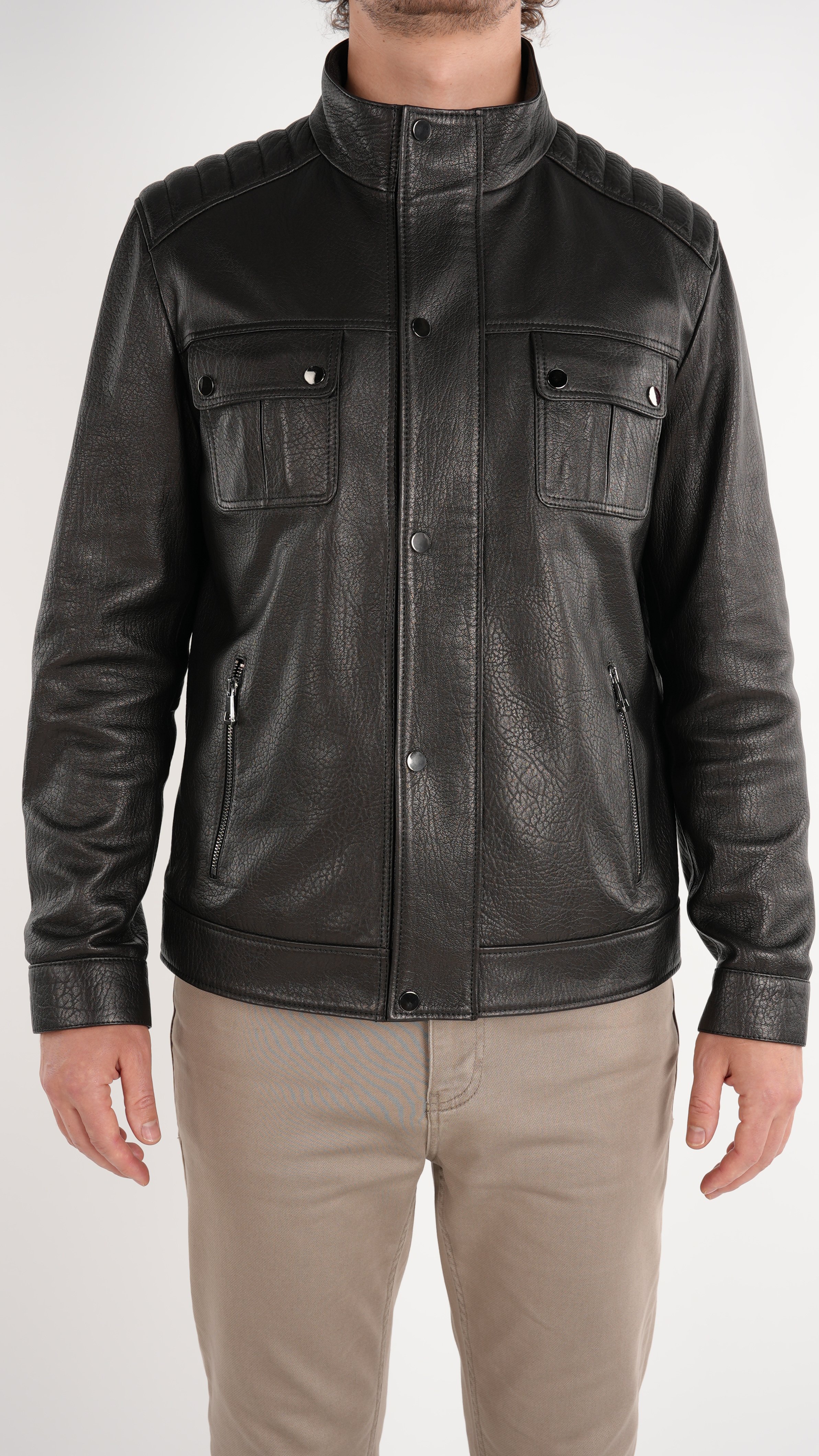 سترة رجالية ذات قصة عادية ذات ياقة واقفة مصنوعة من الجلد 100% - بني مرير