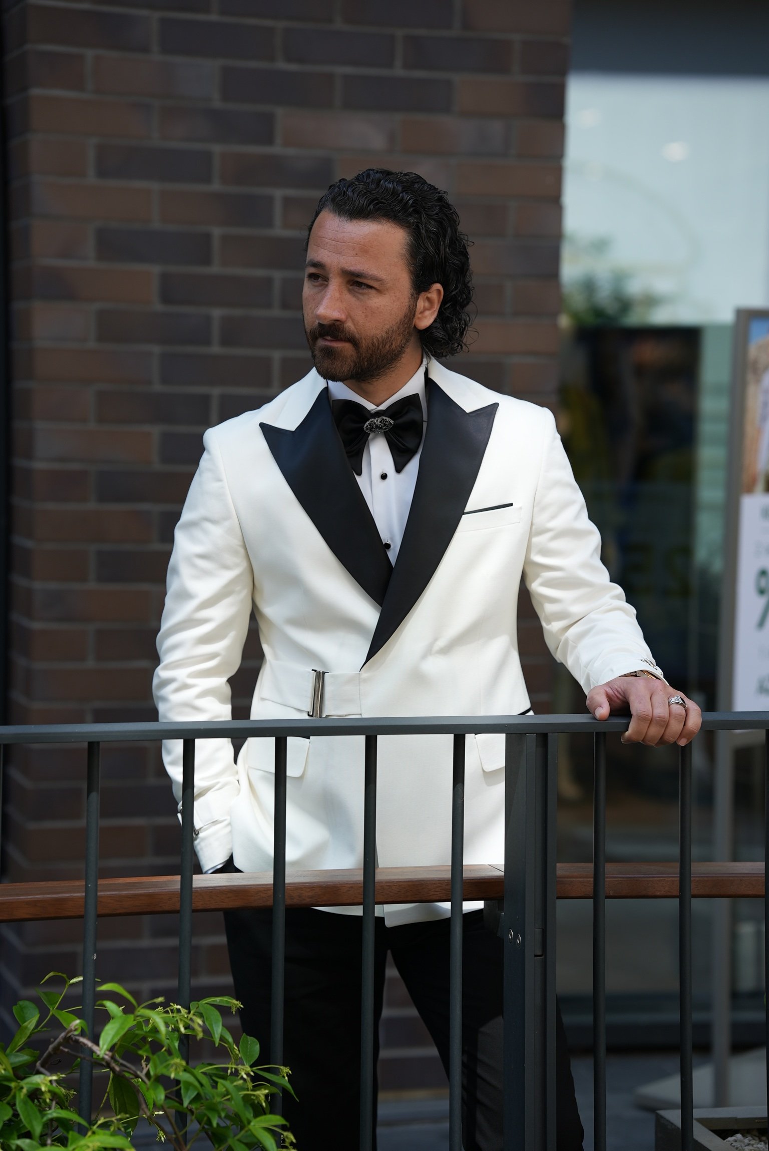 Erkek Tokalı Kruvaze Damatlık Slim fit İtalyan Stil Ceket Pantolon Papyon - Beyaz
