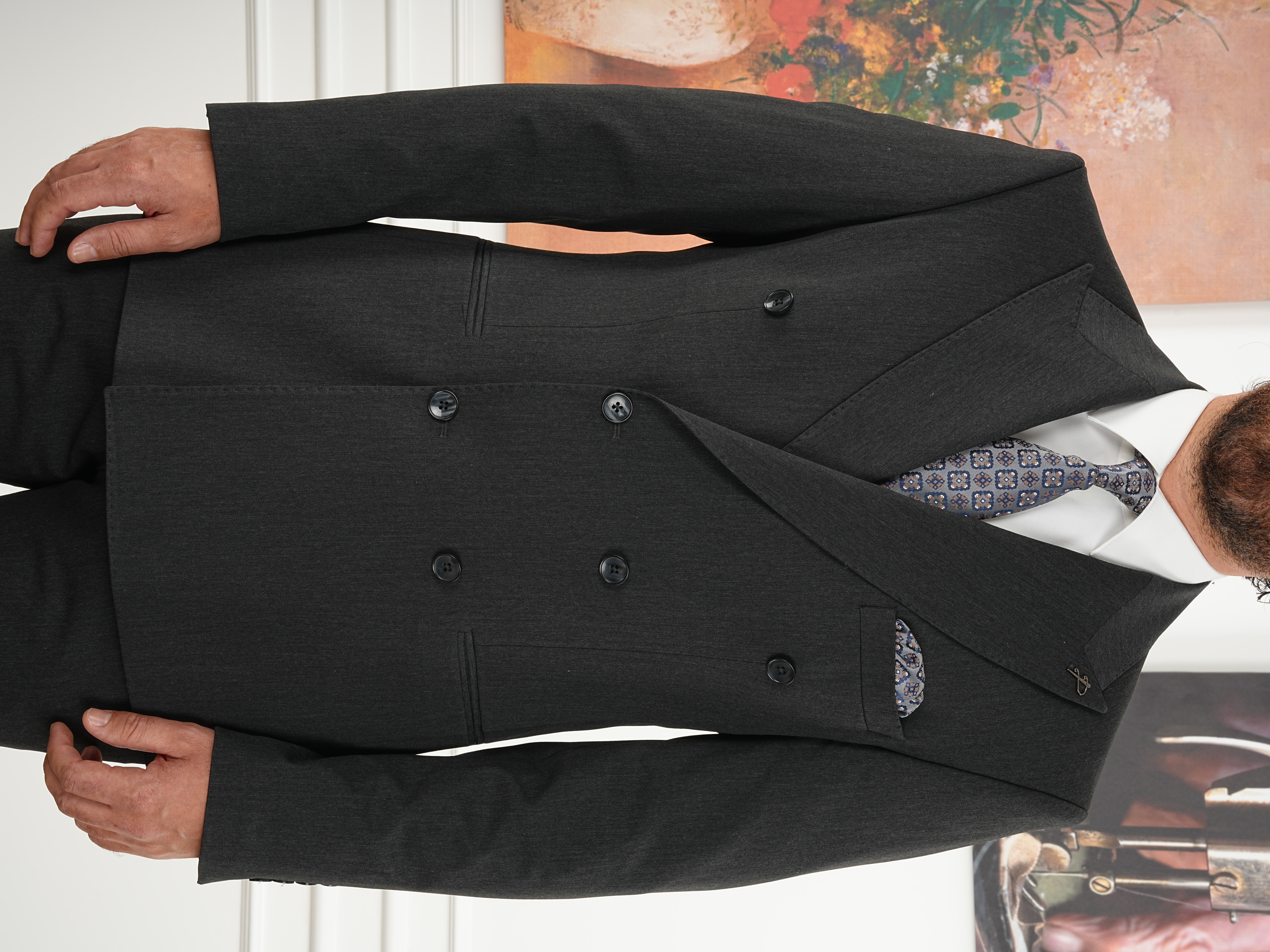Erkek Slim Fit İtalyan Stil Kruvaze Takım Elbise Ceket Pantolon - Antrasit