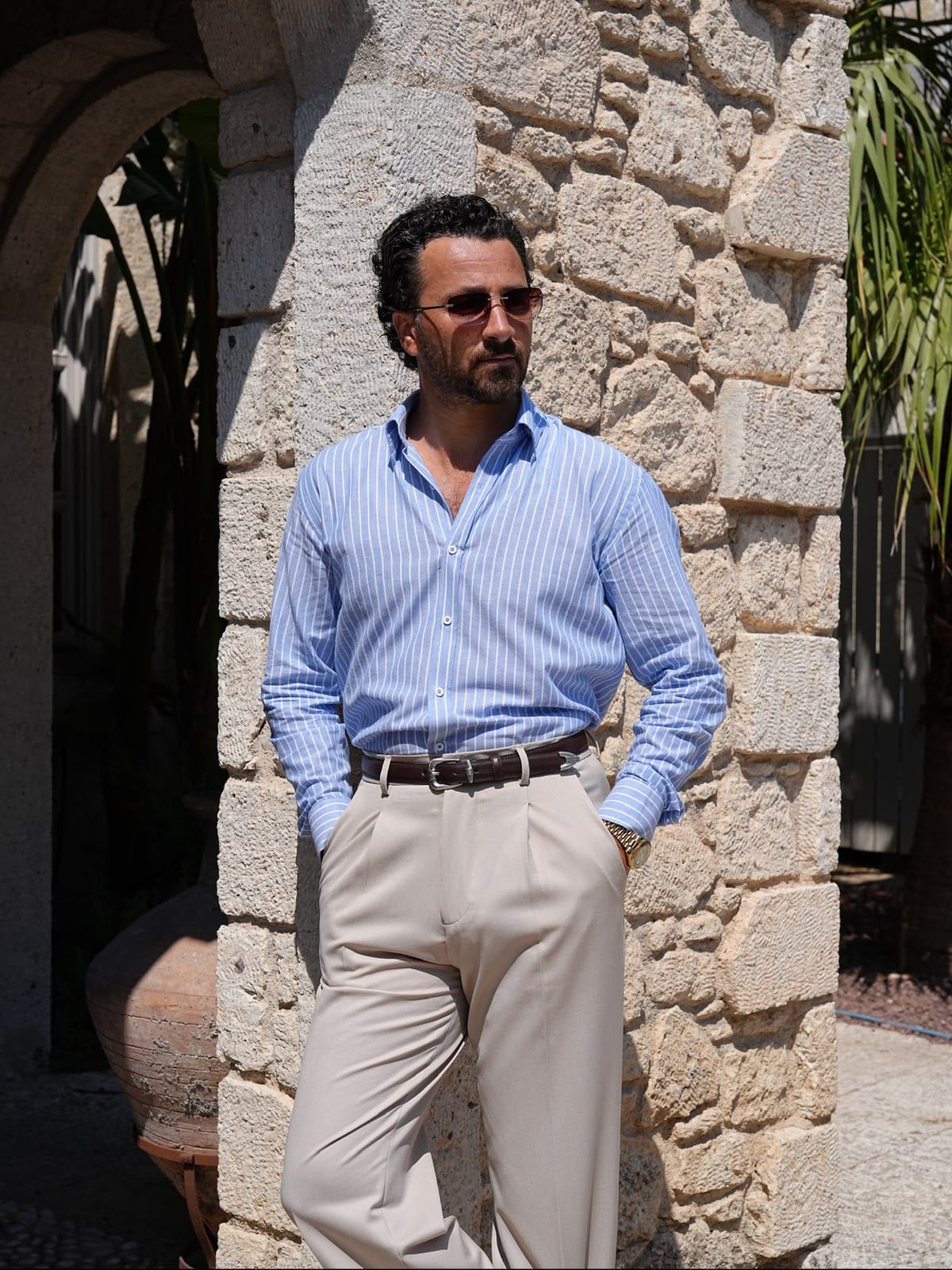 Premium Mens Regular Fit Striped Linen Shirt - Blue