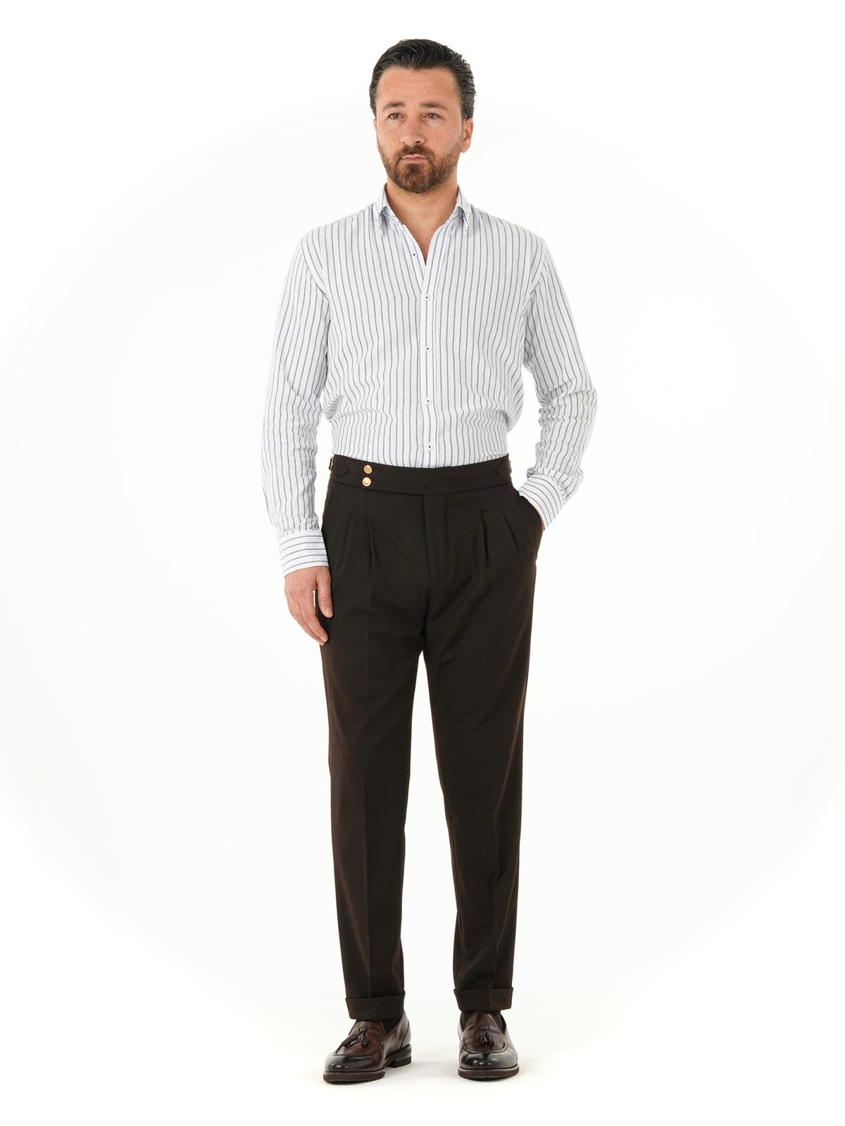 Erkek Regular Fit Yüksek Bel Piliseli Tokalı Kumaş Pantolon - Acı Kahve