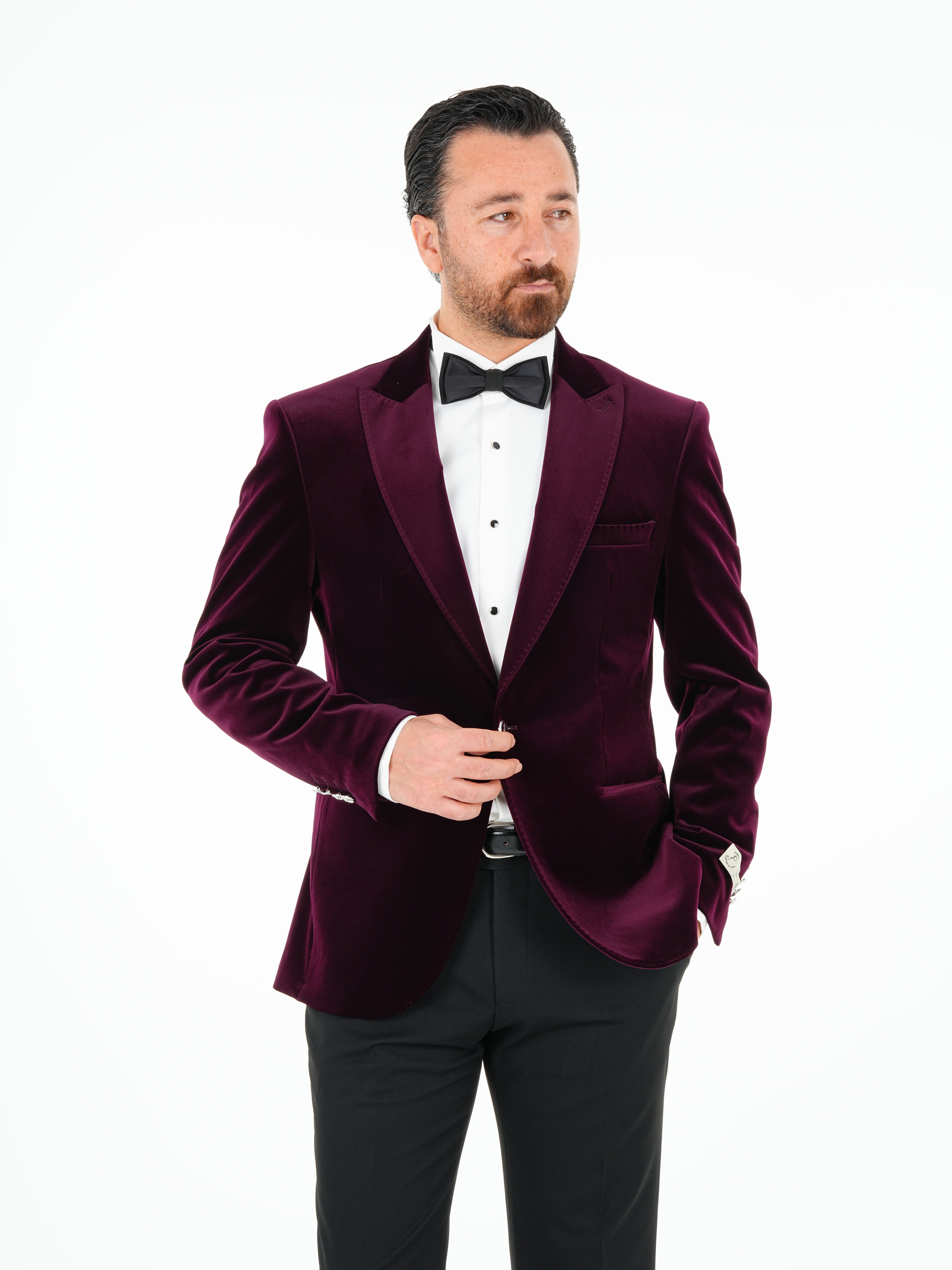 Premium Erkek Kadife Smokin Damatlık Gümüş Düğme Punto Dikişli Ceket Pantolon Papyon - Mor