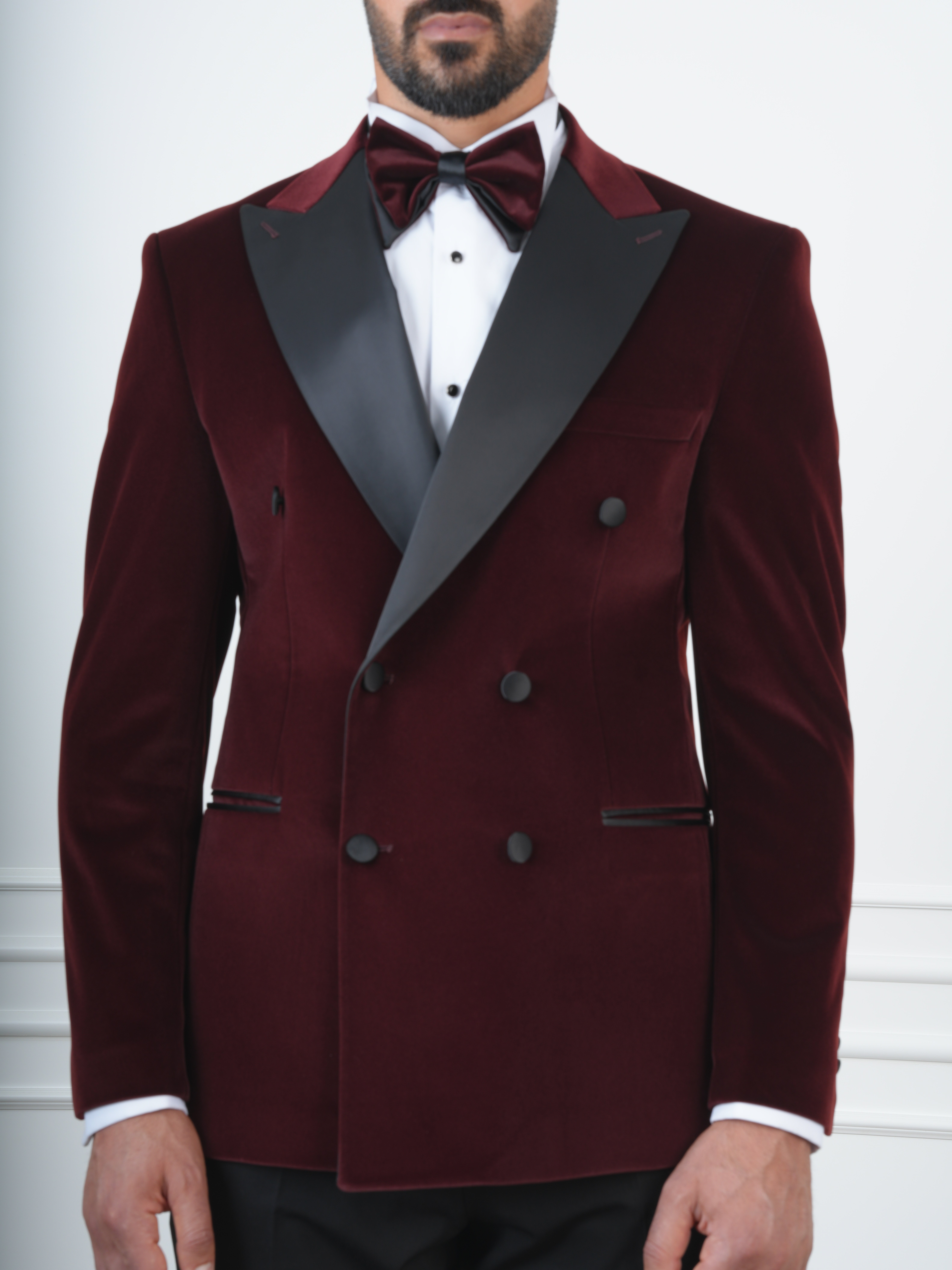 Erkek Premium Kadife Kruvaze Smokin Damatlık İtalyan Stil  Ceket Pantolon Papyon - Bordo