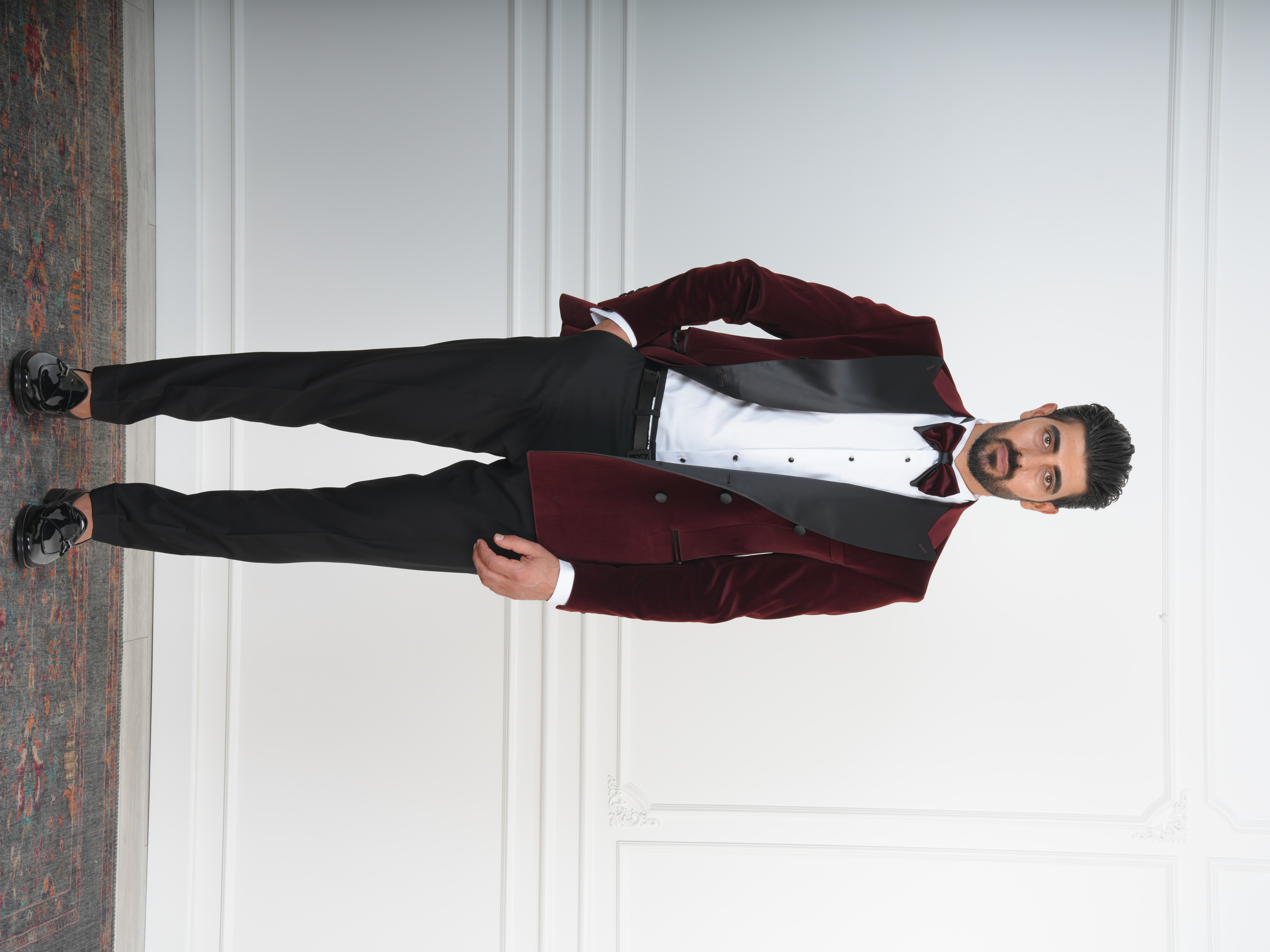 Erkek Premium Kadife Kruvaze Smokin Damatlık İtalyan Stil  Ceket Pantolon Papyon - Bordo