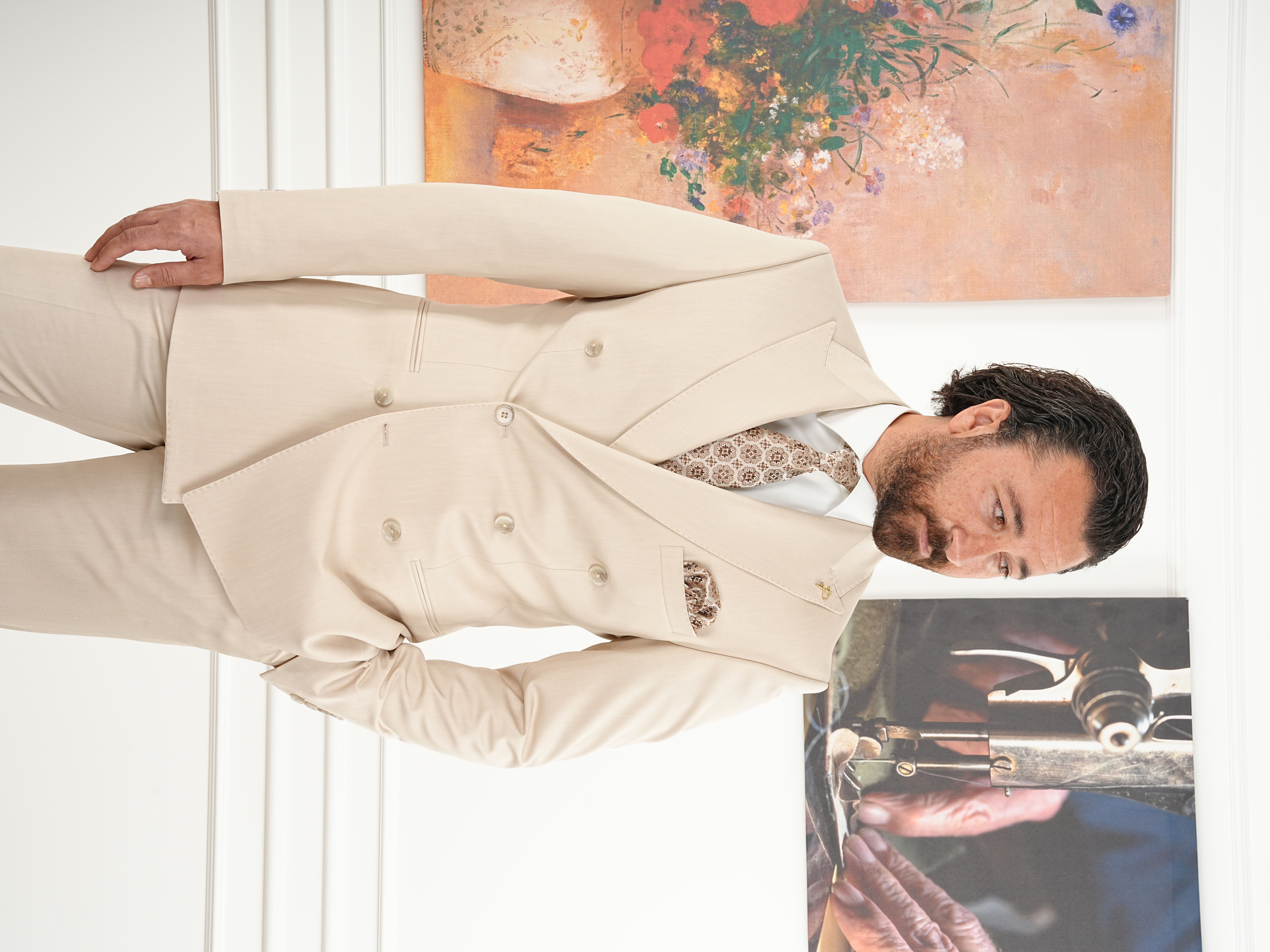 Erkek Slim Fit İtalyan Stil Kruvaze Takım Elbise Ceket Pantolon - Bej