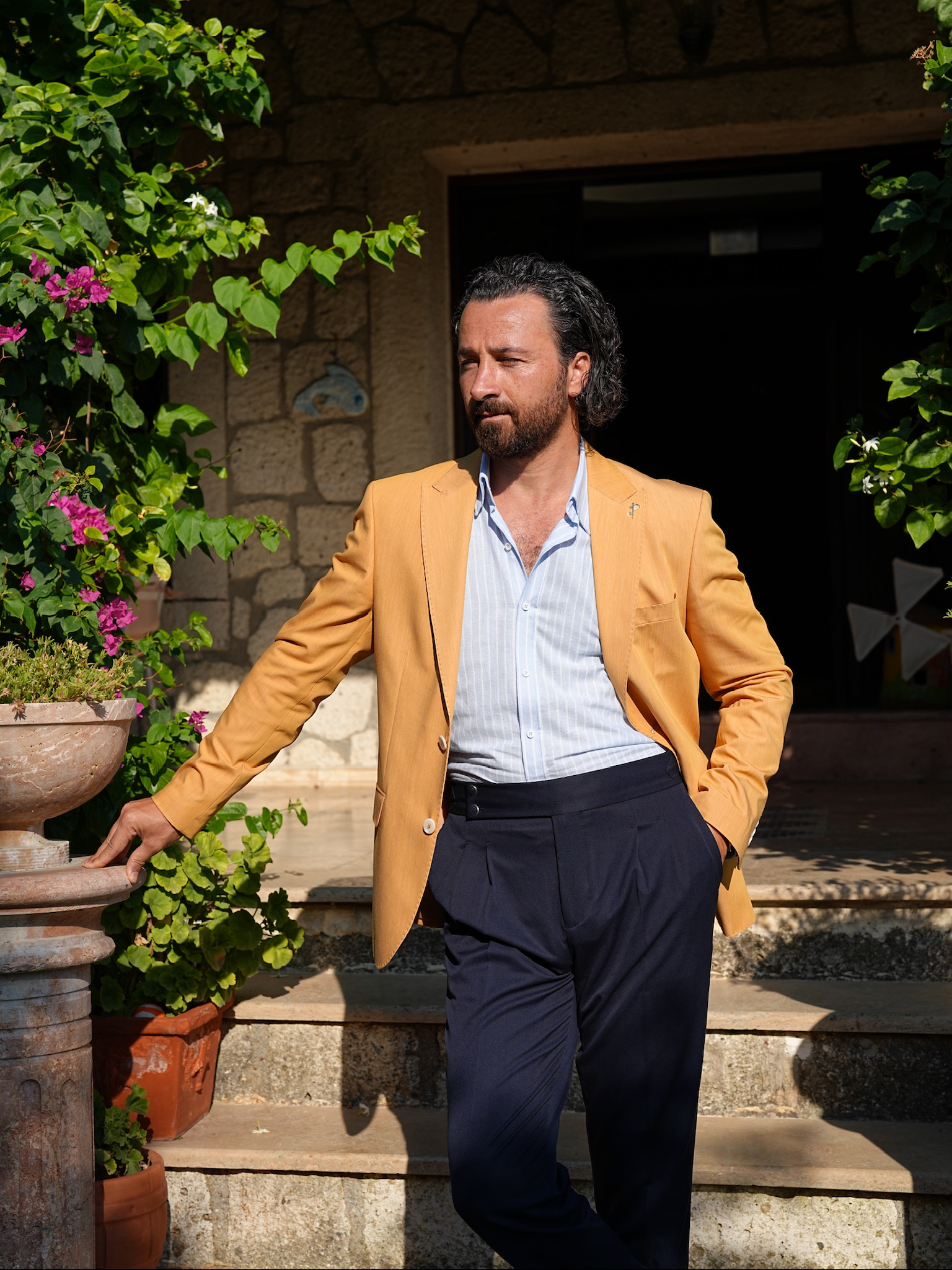 Erkek Premium İtalyan Stil Slim Fit Erkek Punto Dikişli Torba Cepli Yarım Astarlı Ceket - Sarı