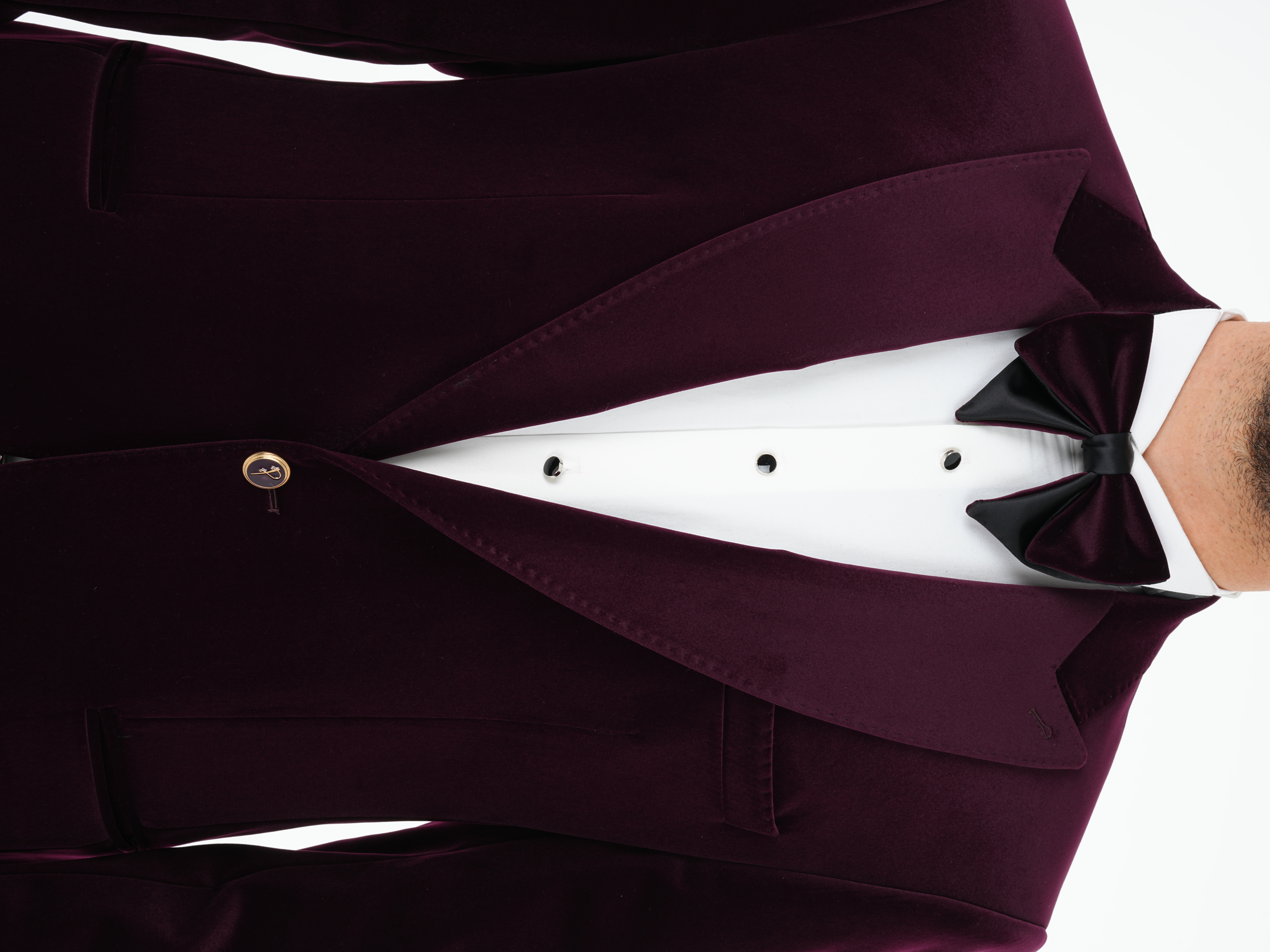 Premium Erkek Kadife Smokin Damatlık Gold Düğme Punto Dikişli Ceket Pantolon Papyon - Mor