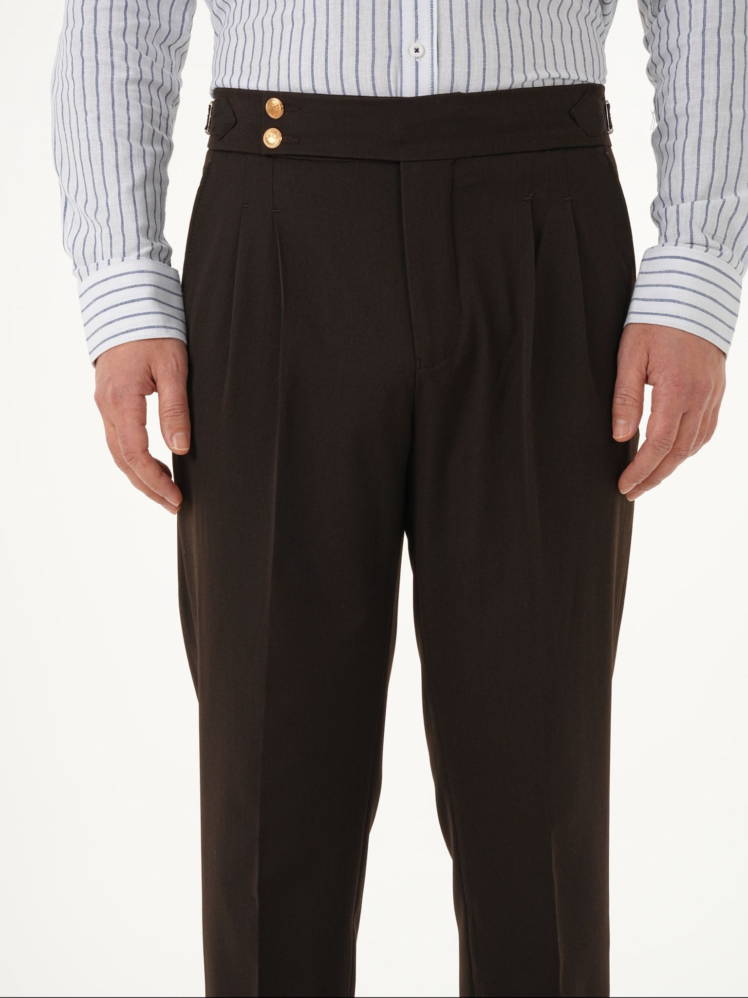 Erkek Regular Fit Yüksek Bel Piliseli Tokalı Kumaş Pantolon - Acı Kahve