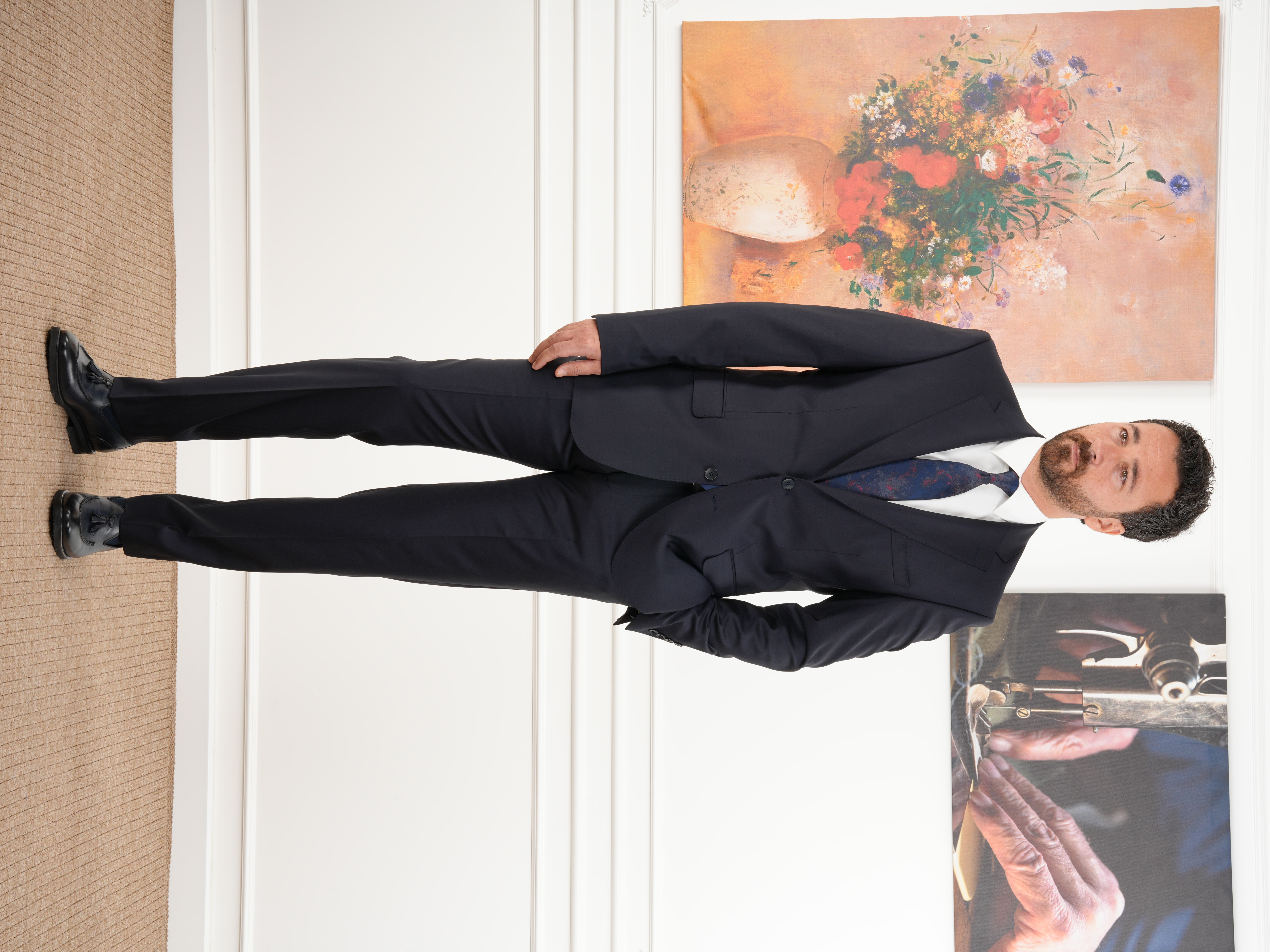 Erkek Regular İtalyan Stil Yünlü Mono Yaka Takım Elbise Ceket Pantolon - Koyu Lacivert