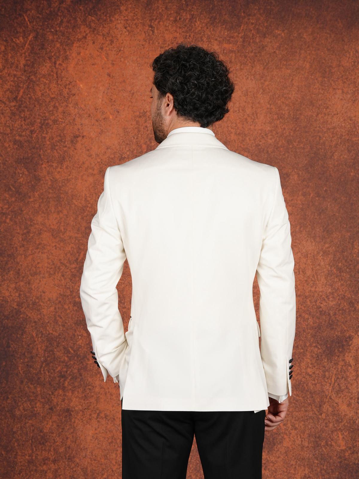 Erkek Premium Slim Fit İtalyan Stil  Gold Toka Damatlık Smokin Ceket Pantolon Papyon - Beyaz
