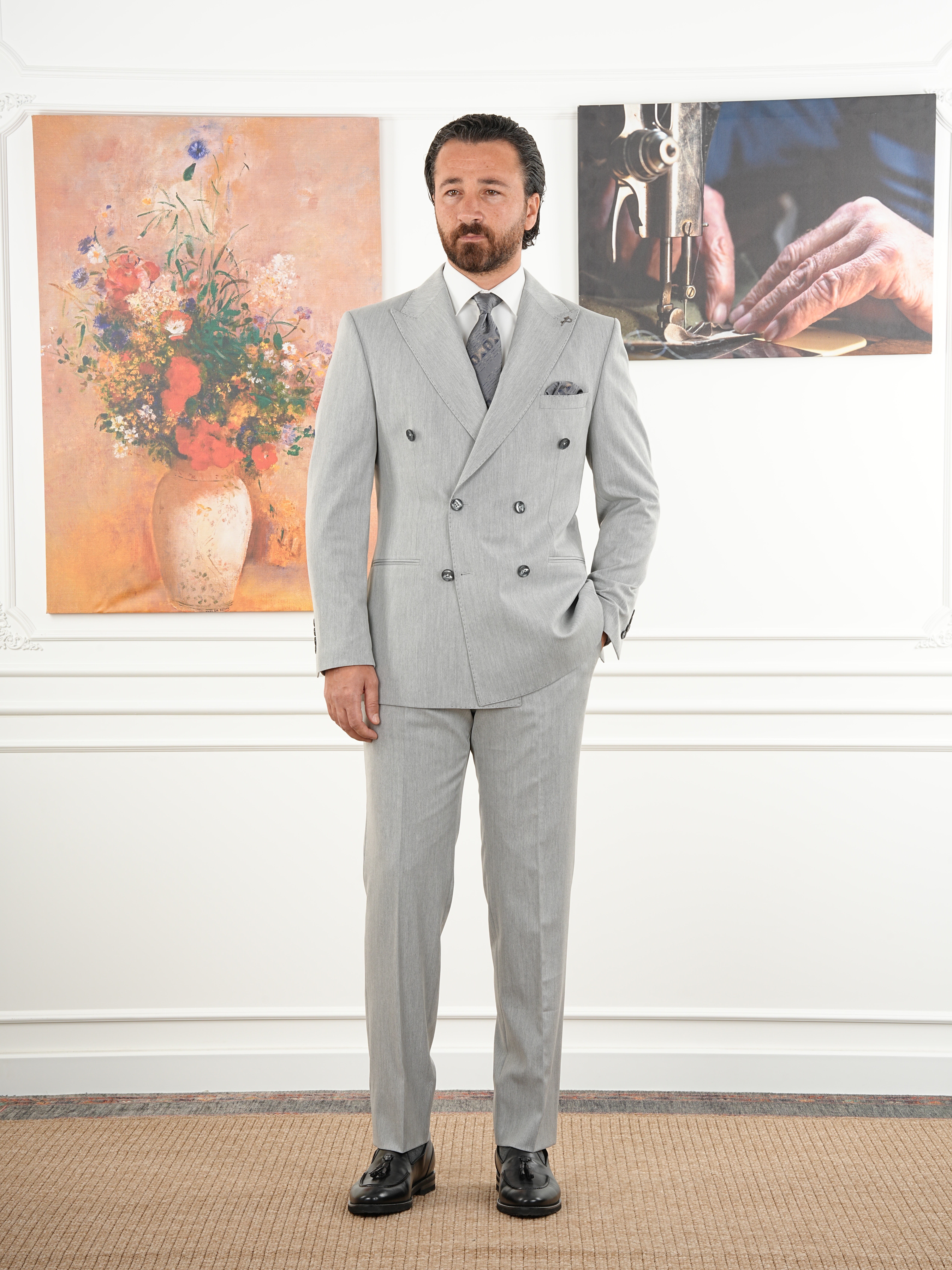 Erkek Slim Fit İtalyan Stil Kruvaze Takım Elbise Ceket Pantolon - Açık gri