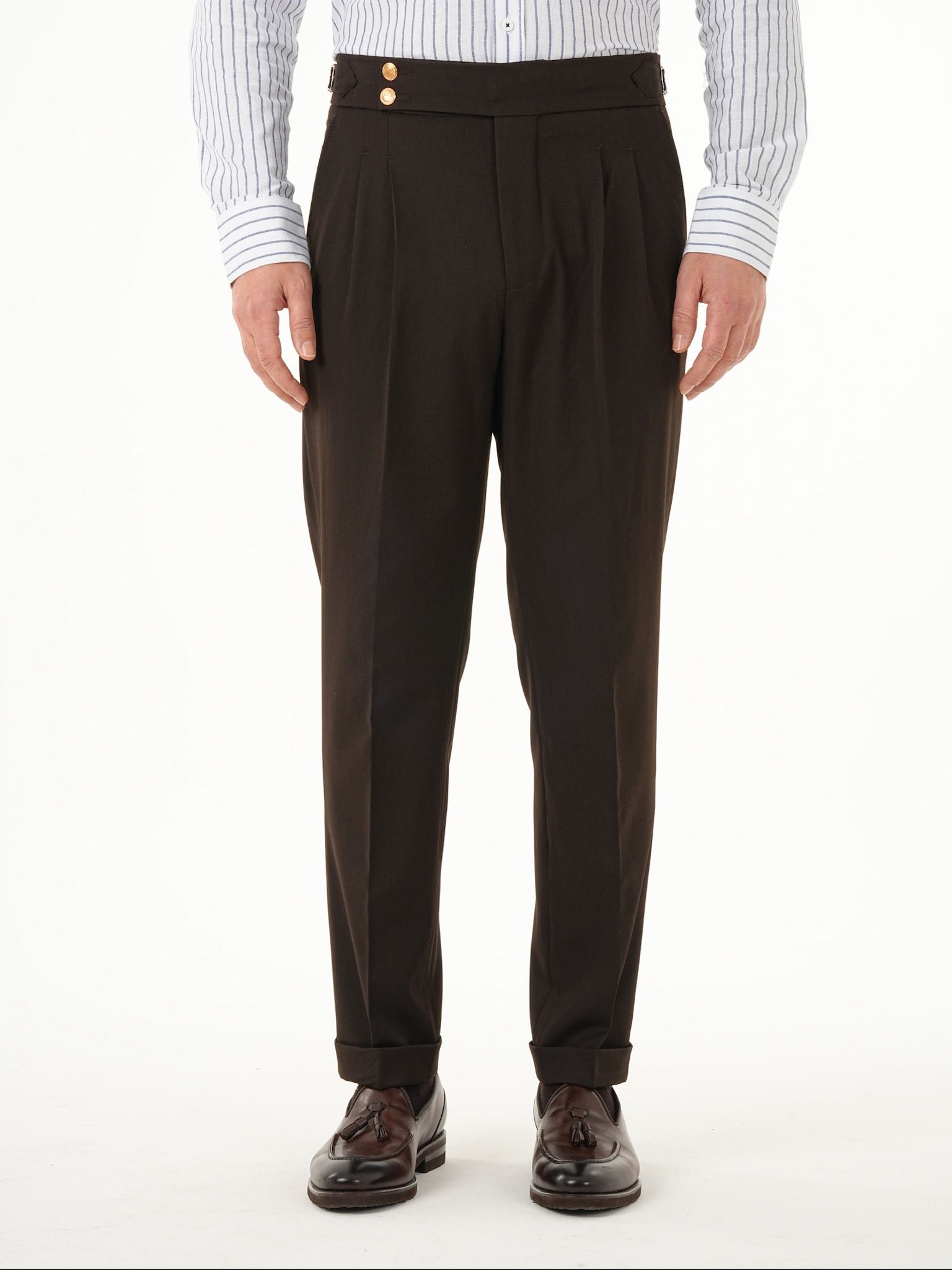 Erkek Regular Fit Yüksek Bel Piliseli Tokalı Kumaş Pantolon - Acı Kahve