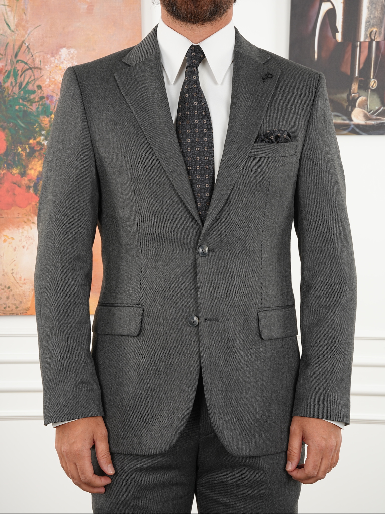 Premium Erkek Mono Yaka Takım Elbise Slim Fit İtalyan Stil Ceket Pantolon - Füme