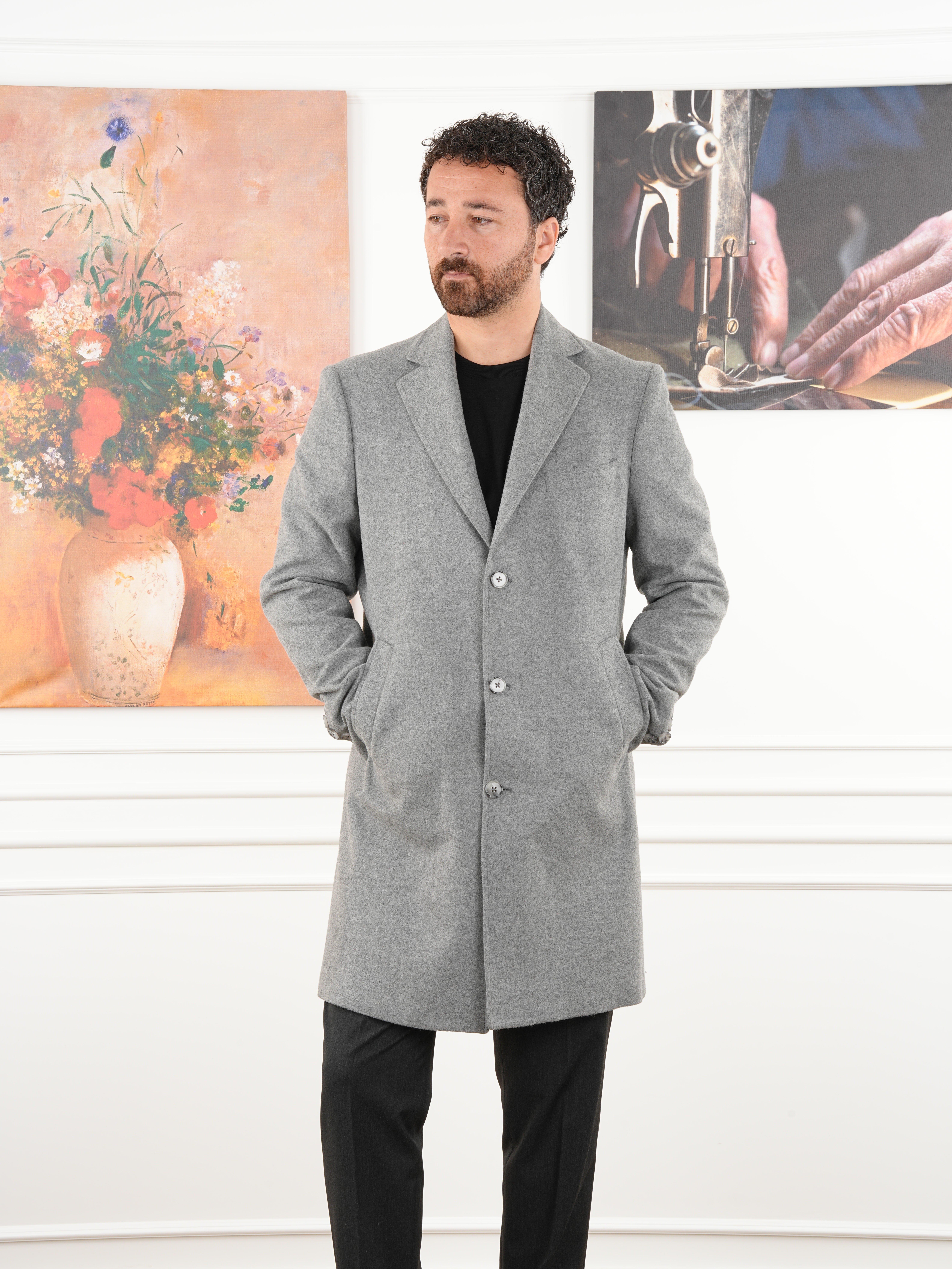 Erkek Premium İtalyan Stil Slim Fit Mono Yaka Kaşe Kaban - Gri