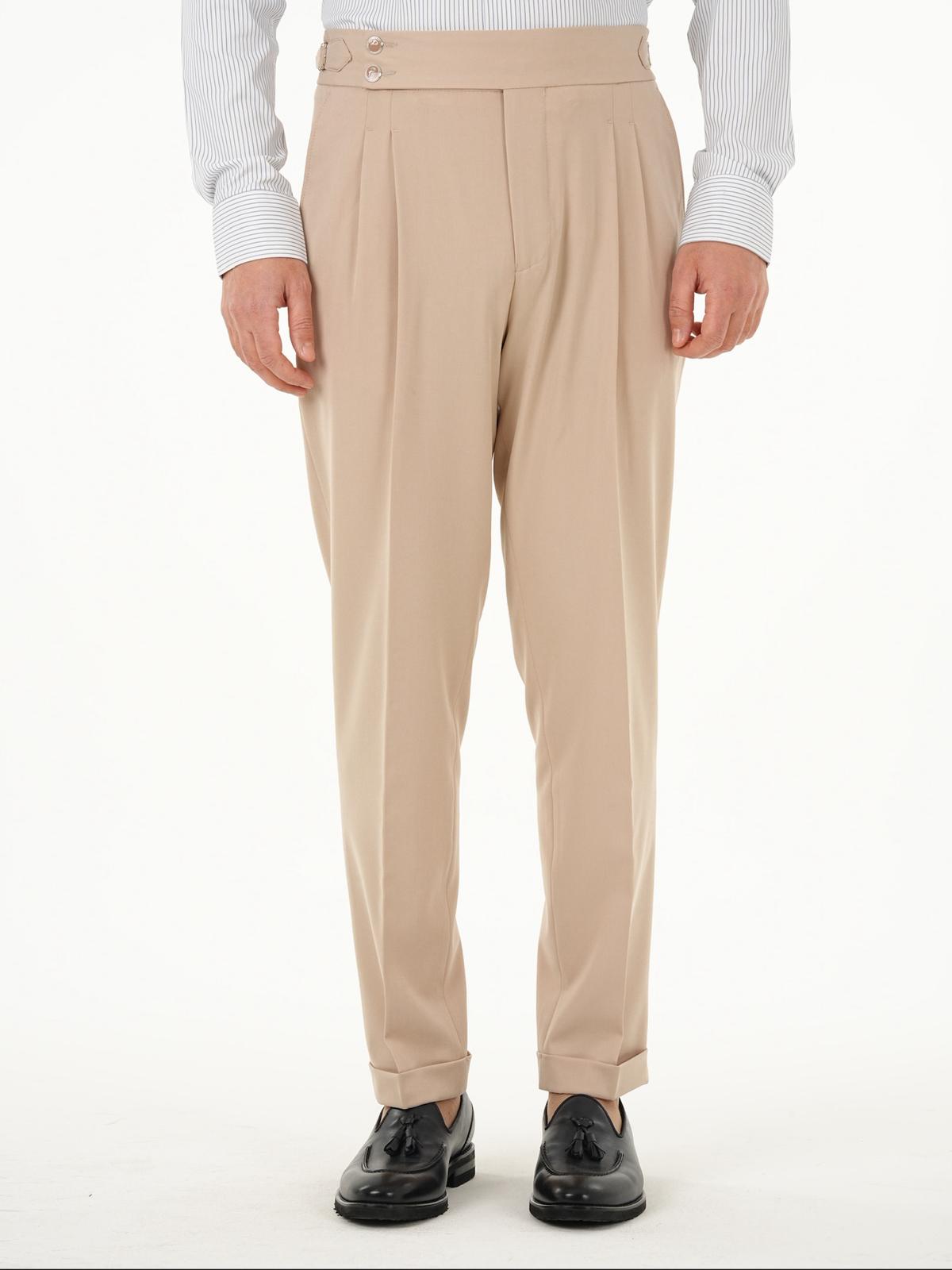 Erkek Regular Fit Yüksek Bel Piliseli Tokalı Kumaş Pantolon - Krem