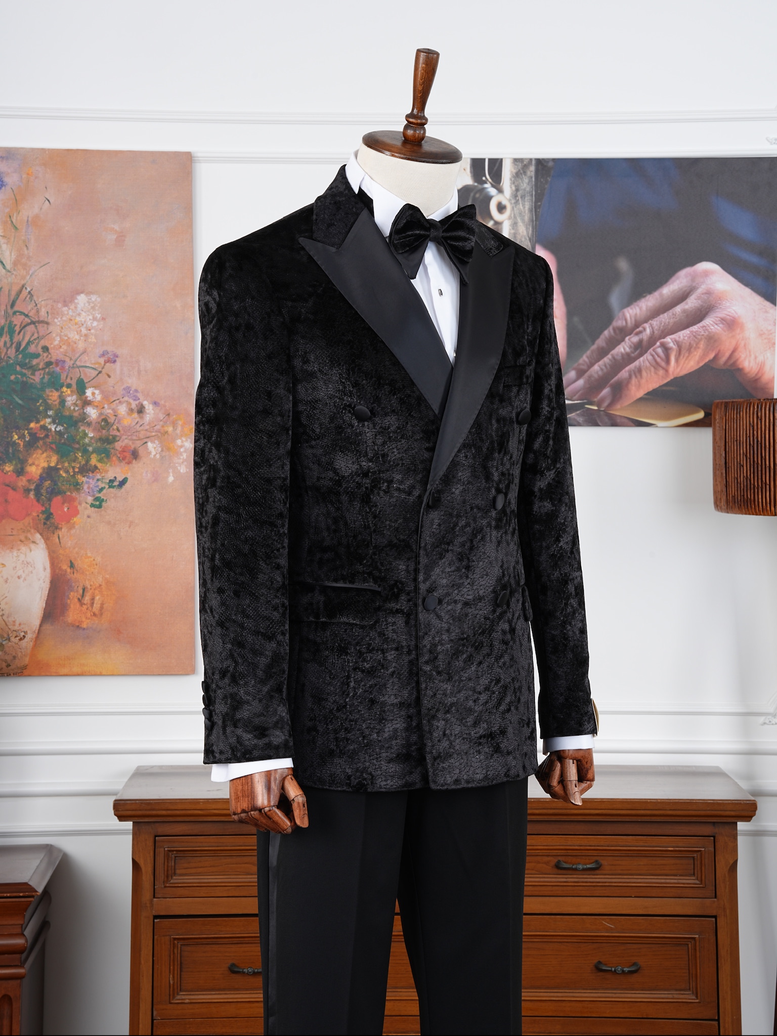 Premium Erkek Slim Fit İtalyan Stil Desenli Smokin Damatlık - Siyah