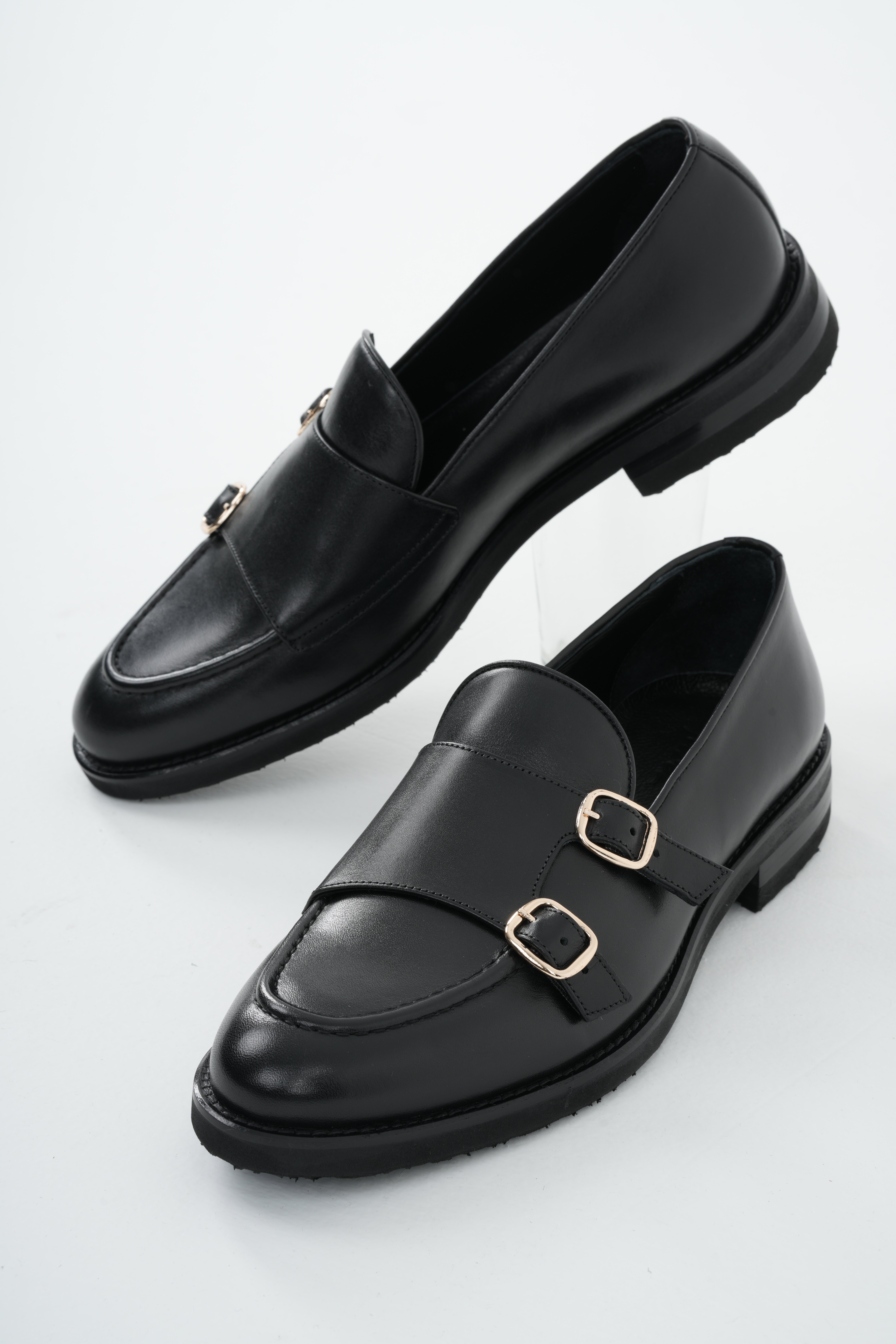 Fırça Açma Premium Deri Dana İç Astarlı Özel Hafif Eva Taban Ve Hedefe Ökçeli Ayakkabı - Siyah