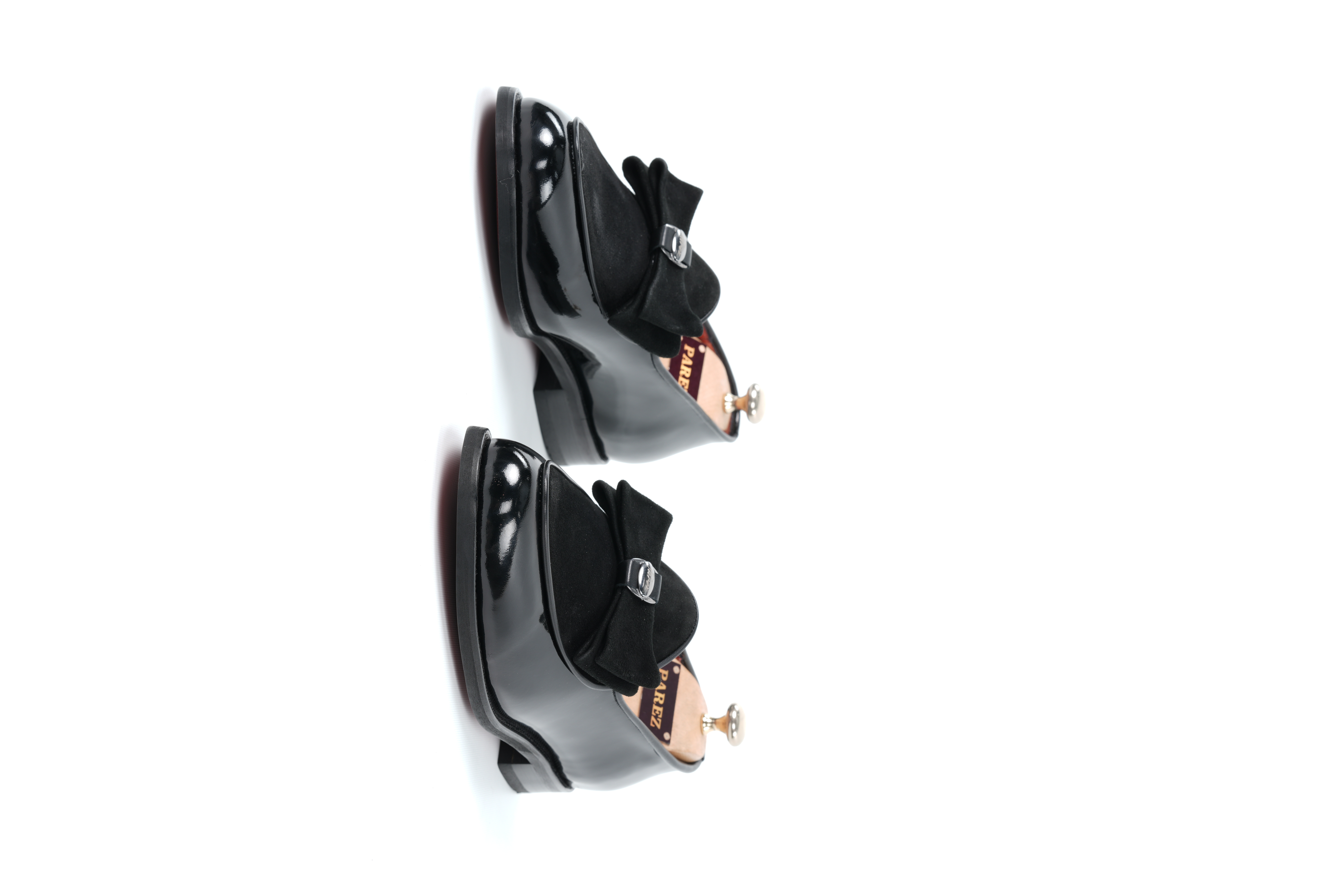 İtalyan Stil İç Dış Rugan Deri Garni Süet Gümüş Tokalı Erkek Ayakkabı-Siyah Rugan