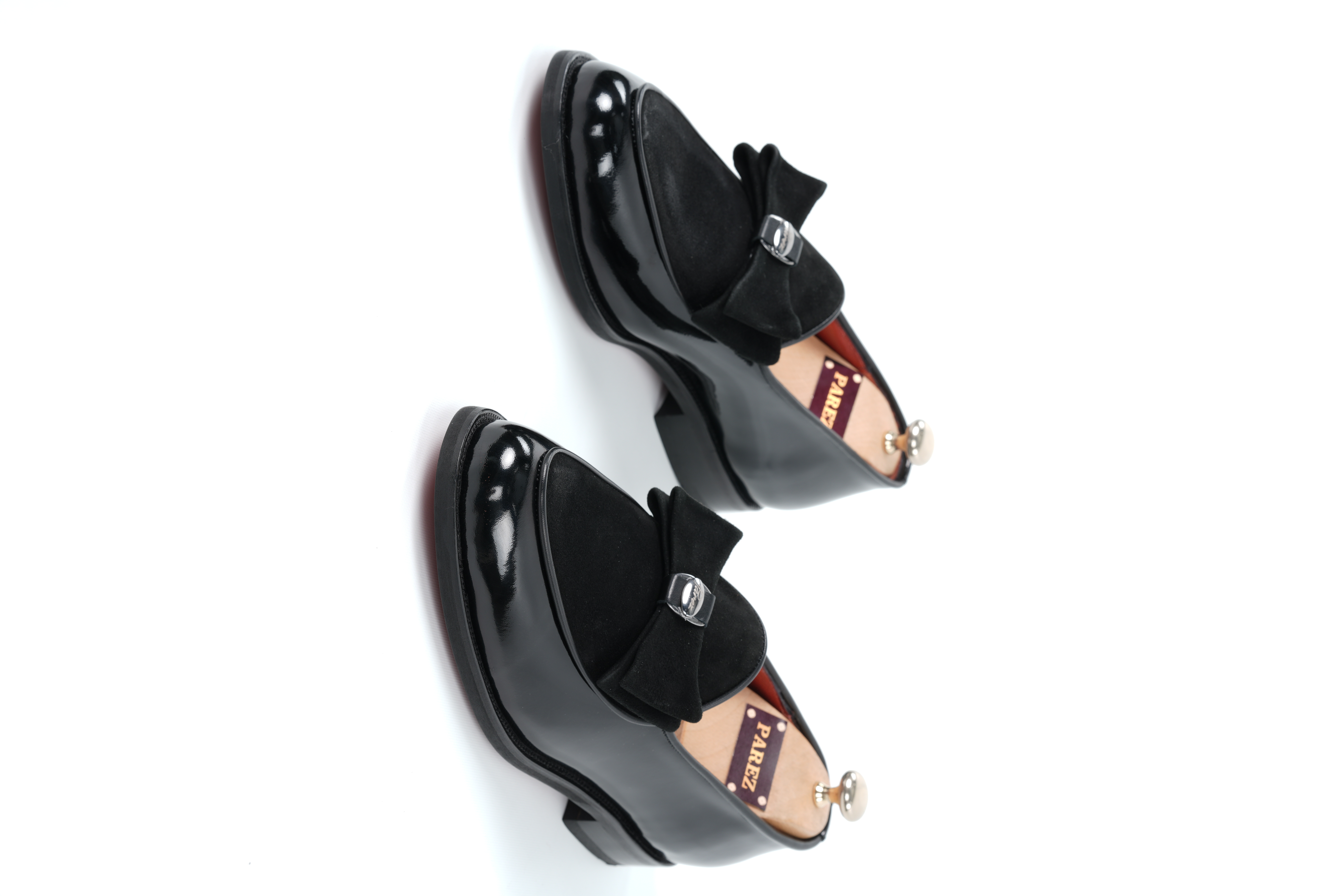 İtalyan Stil İç Dış Rugan Deri Garni Süet Gümüş Tokalı Erkek Ayakkabı-Siyah Rugan