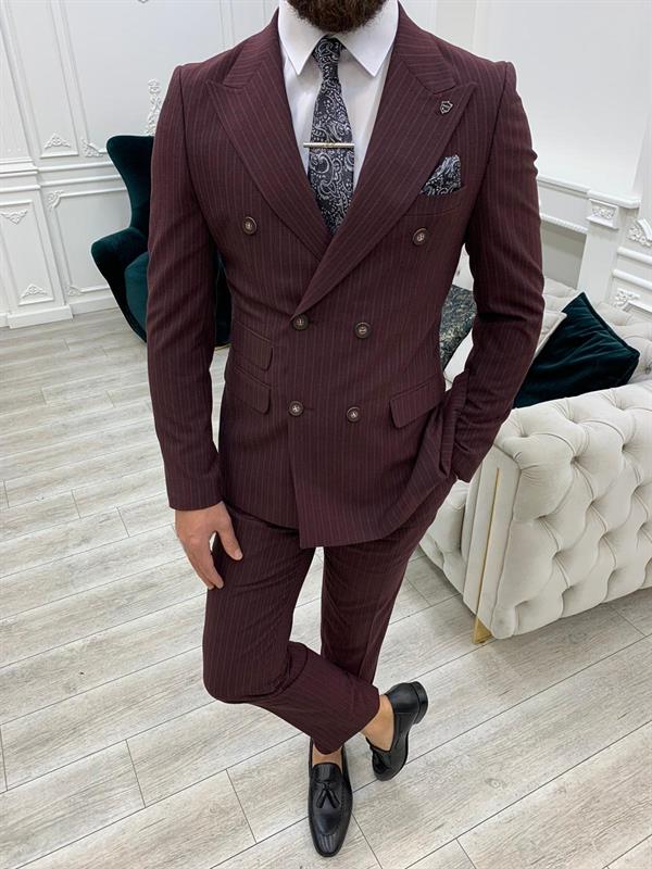 İtalyan Stil  Kruvaze Takım Elbise Ceket Pantolon - Bordo