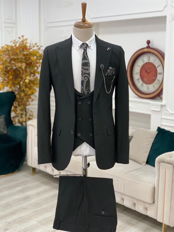 İtalyan Stil Takım Elbise Ceket Yelek Pantolon - Siyah