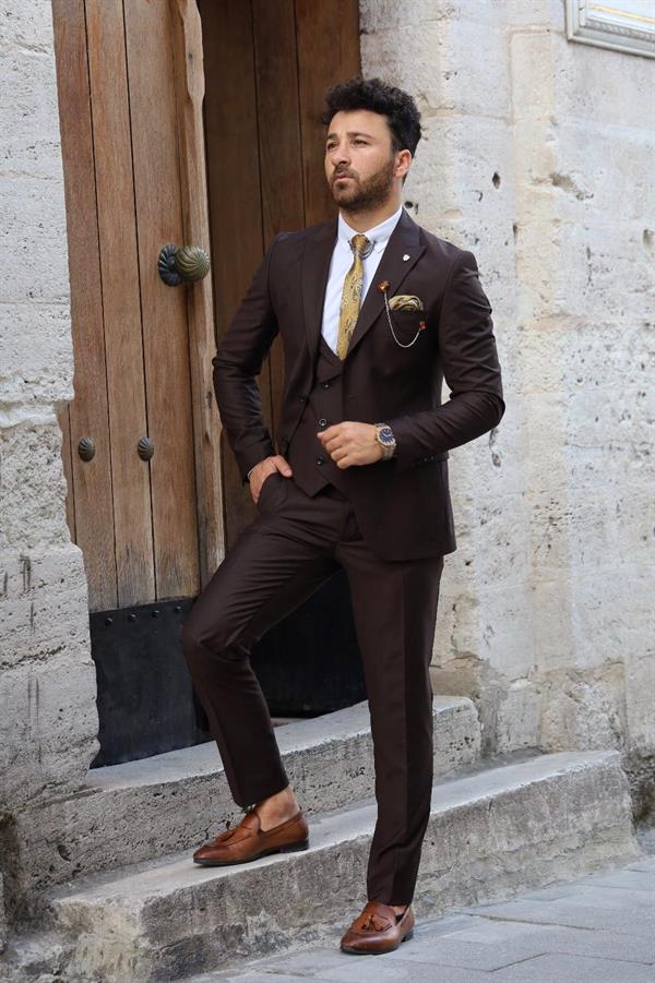 İtalyan Stil Takım Elbise Ceket Yelek Pantolon - Acı Kahve