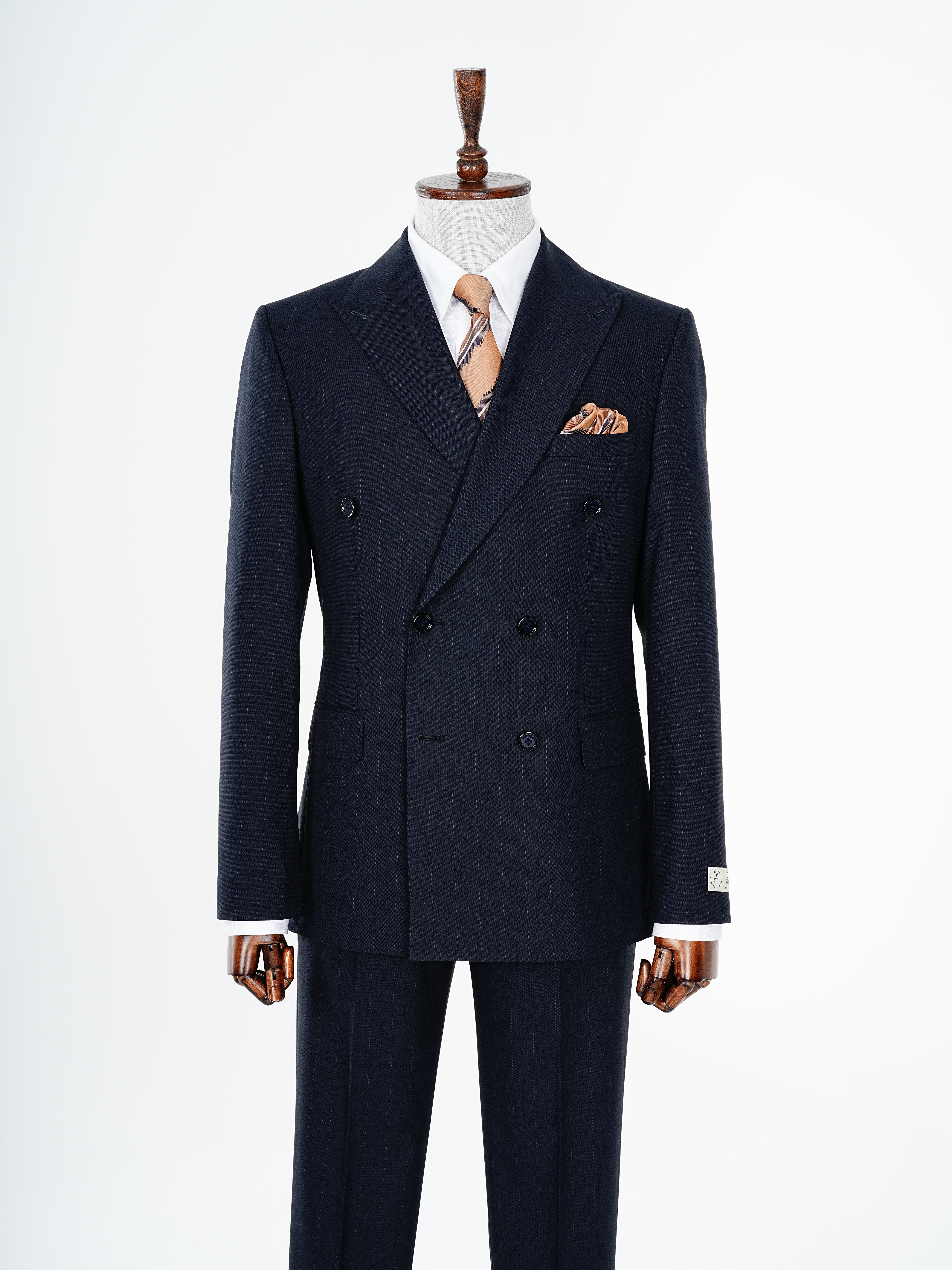 Pantaloni da giacca premium da uomo doppiopetto a righe slim fit stile italiano con cuciture a punto blu navy