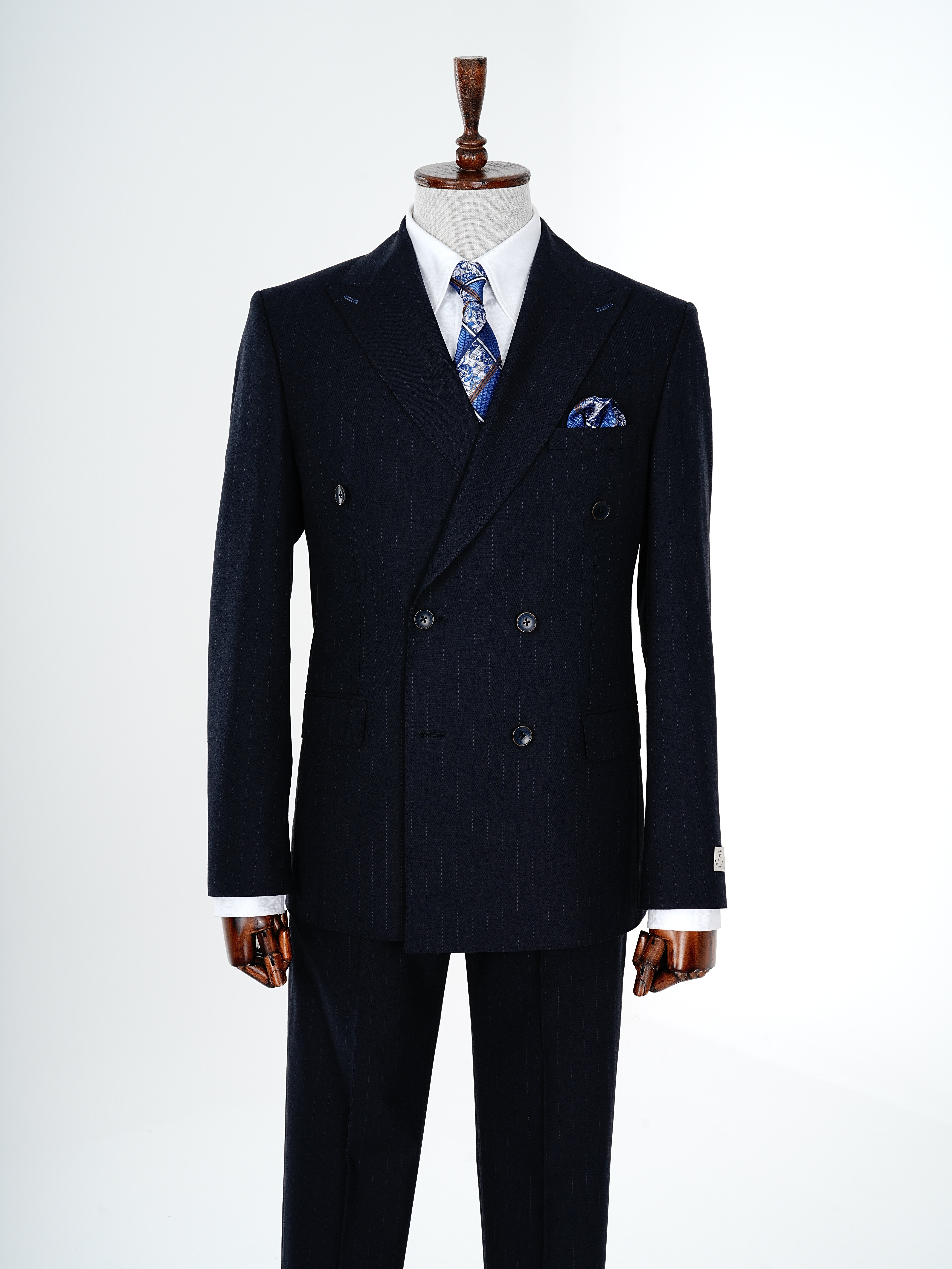 Pantaloni da giacca doppiopetto premium da uomo slim fit stile italiano con cuciture a punto blu navy