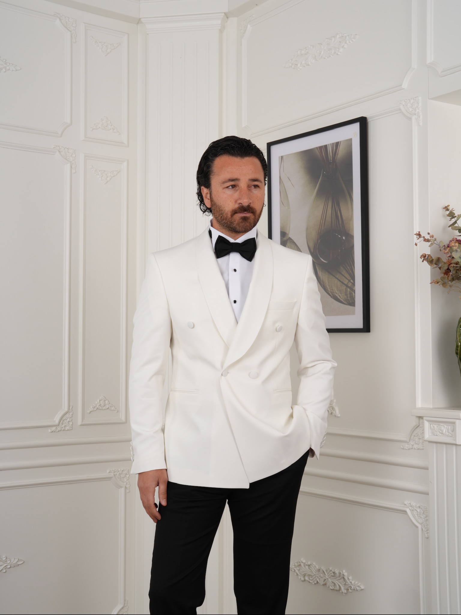 Premium Erkek Slim Fit İtalyan Stil  Kruvaze Smokin Şal Yaka Damatlık Ceket Pantolon Papyon-Beyaz