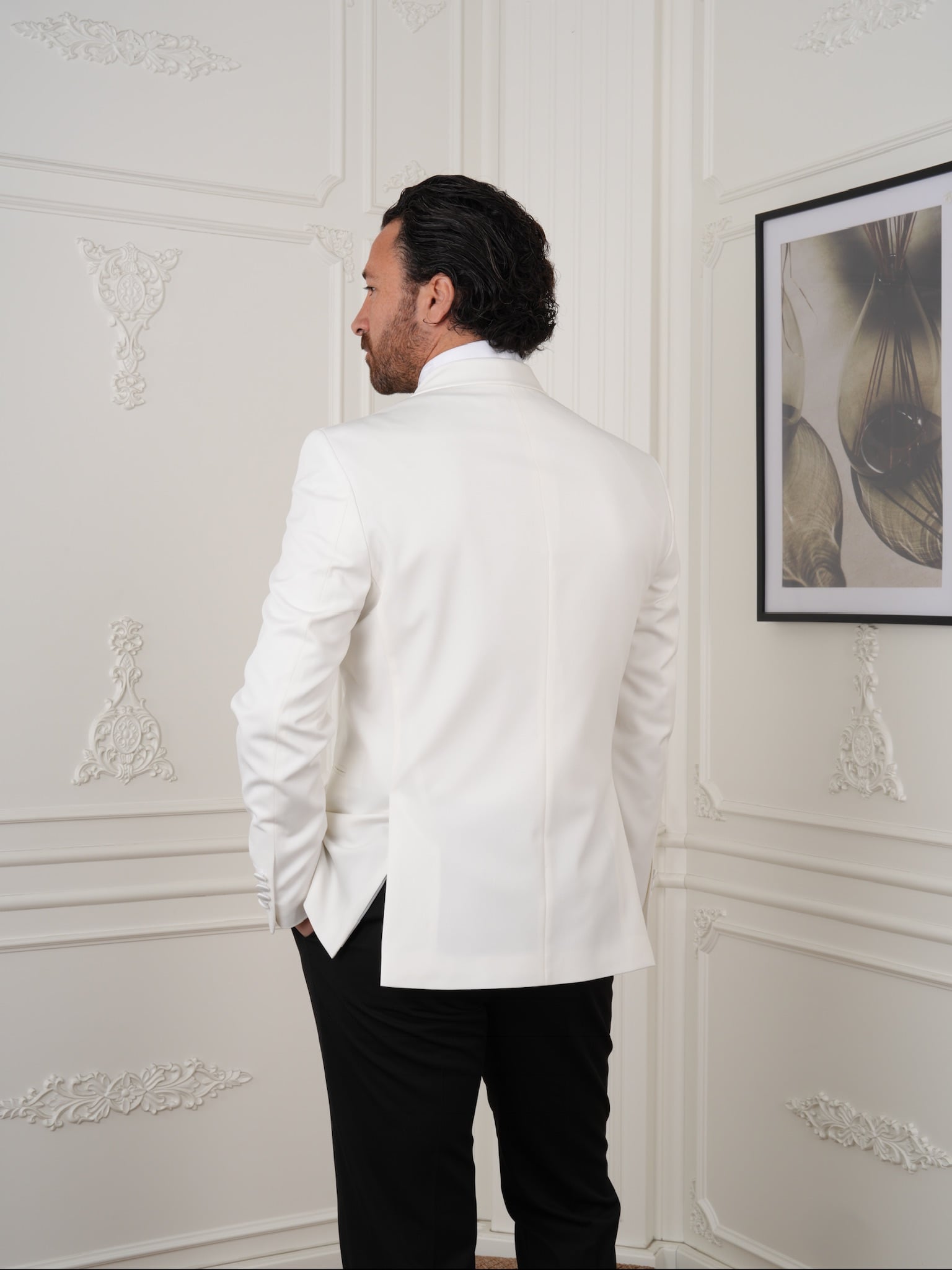 Premium Erkek Slim Fit İtalyan Stil  Kruvaze Smokin Şal Yaka Damatlık Ceket Pantolon Papyon-Beyaz