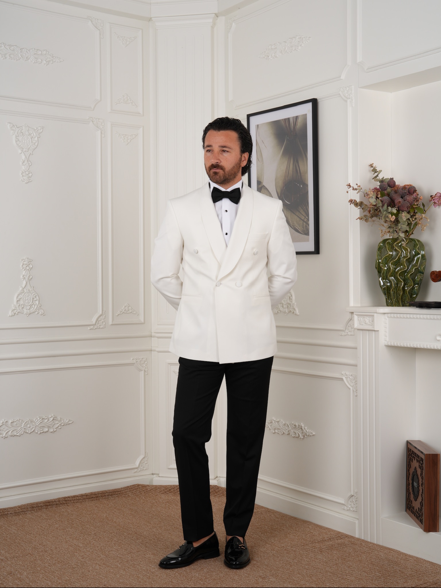 Premium Erkek Slim Fit İtalyan Stil  Kruvaze Smokin Şal Yaka Damatlık Ceket Pantolon Papyon-Beyaz
