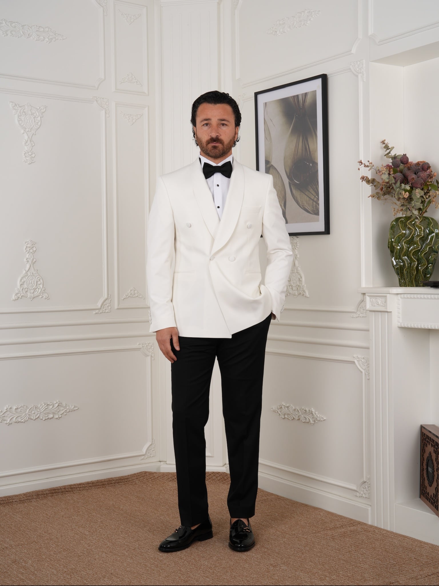 Premium Erkek Slim Fit İtalyan Stil  Kruvaze Smokin Şal Yaka Damatlık Ceket Pantolon Papyon-Beyaz