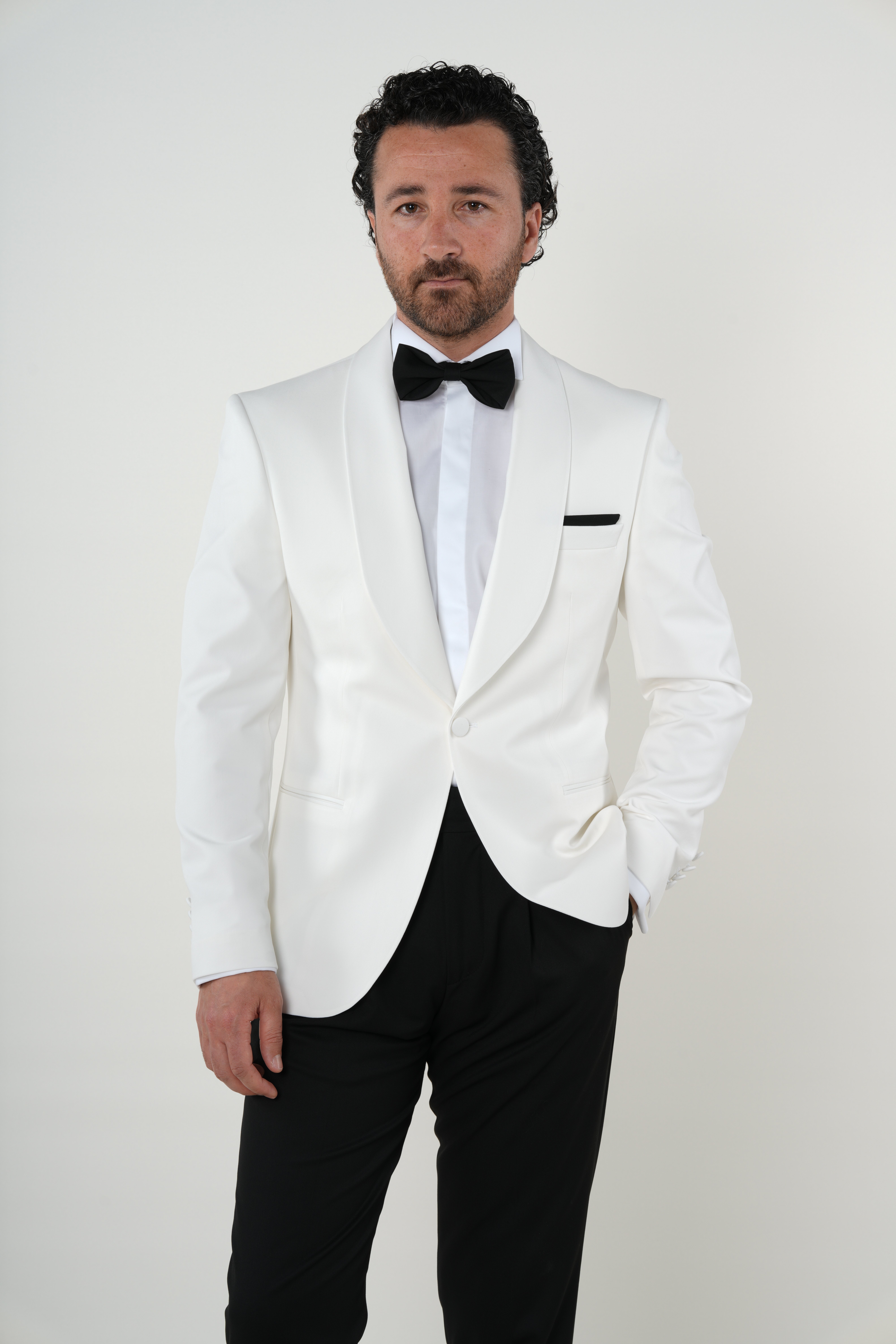 Premium Mens Slim Fit Italian Style Tuxedo Shawl Lapel Groom Jacket Trousers Bow Tie-White