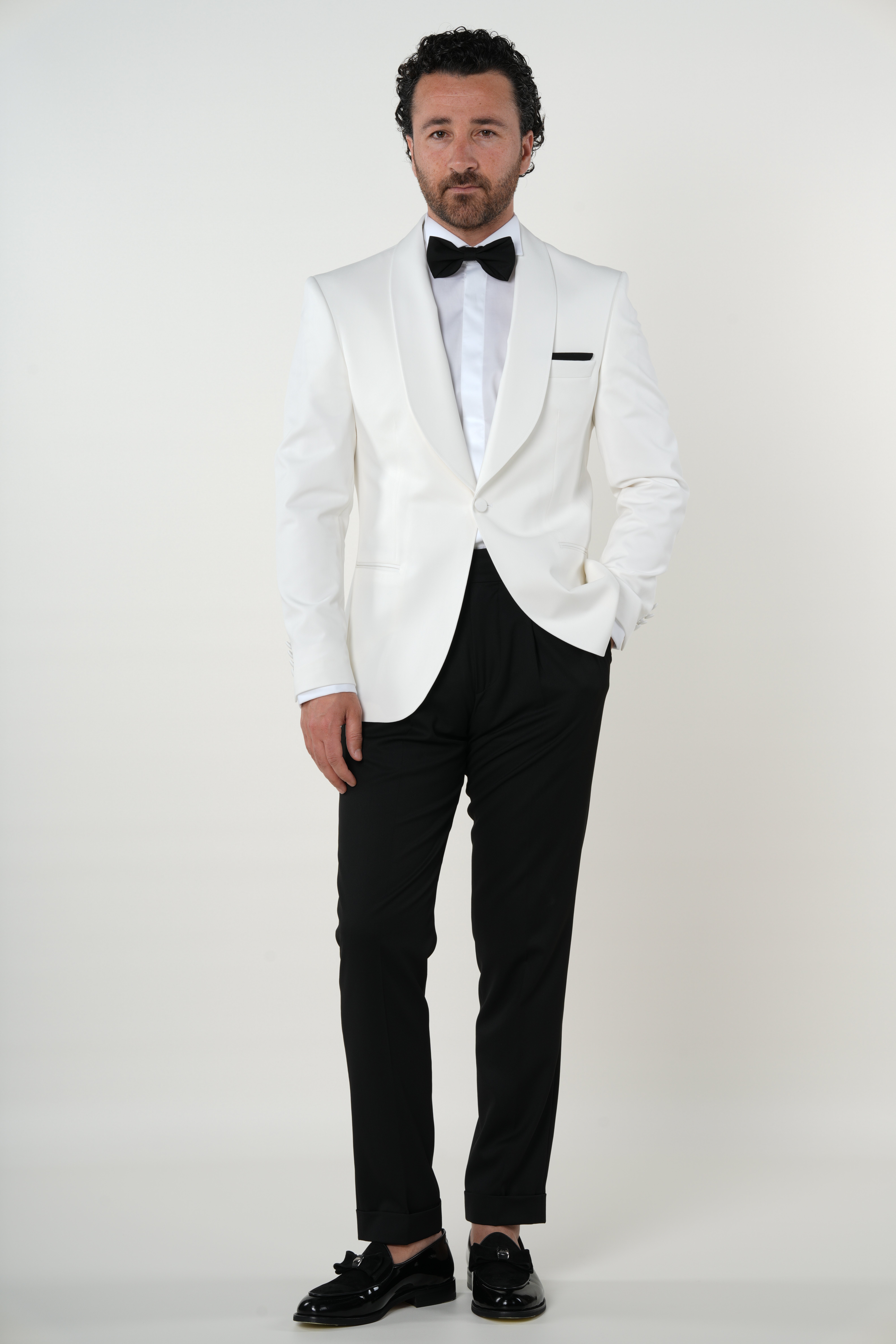 Premium Mens Slim Fit Italian Style Tuxedo Shawl Lapel Groom Jacket Trousers Bow Tie-White