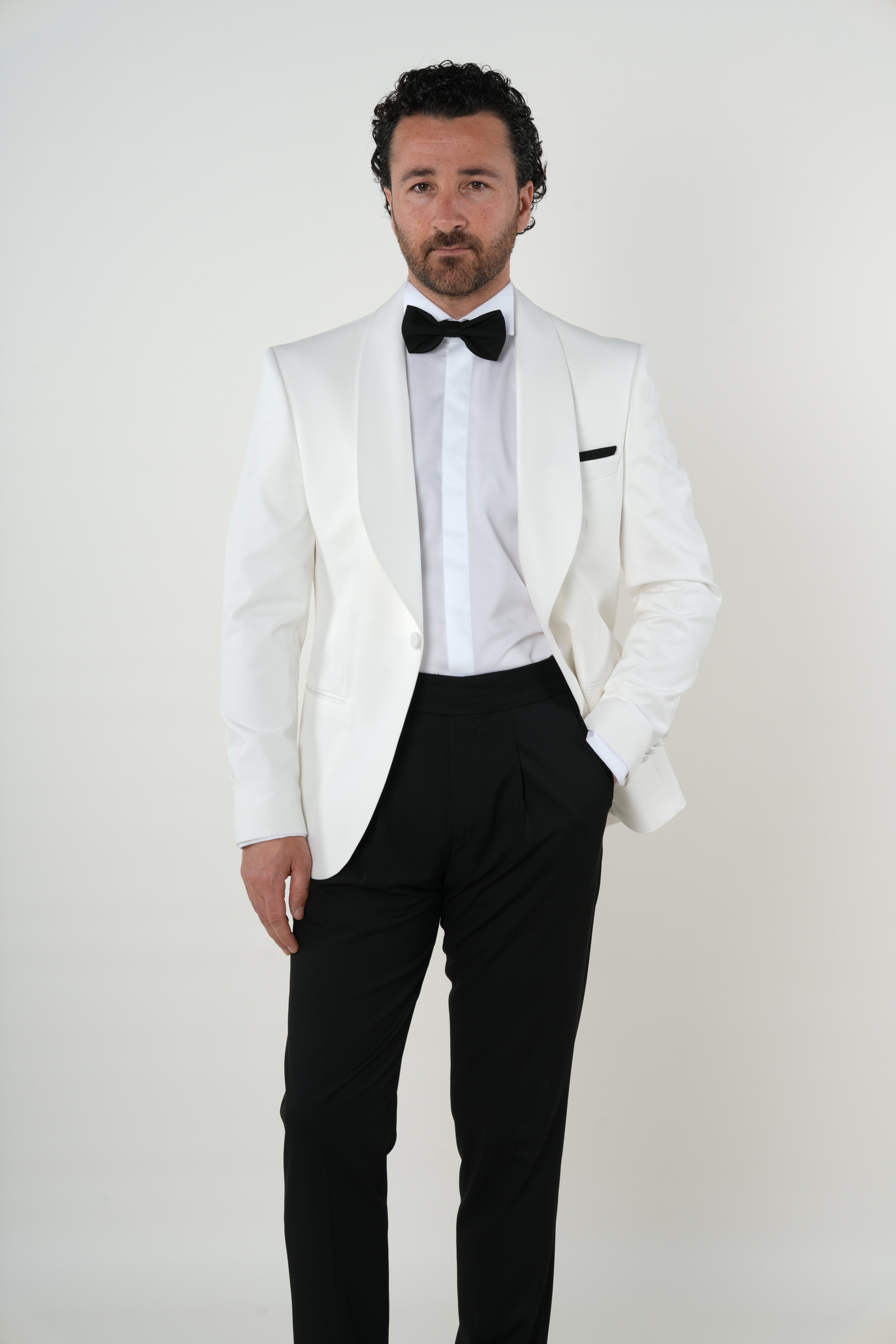 Premium Mens Slim Fit Italian Style Tuxedo Shawl Lapel Groom Jacket Trousers Bow Tie-White