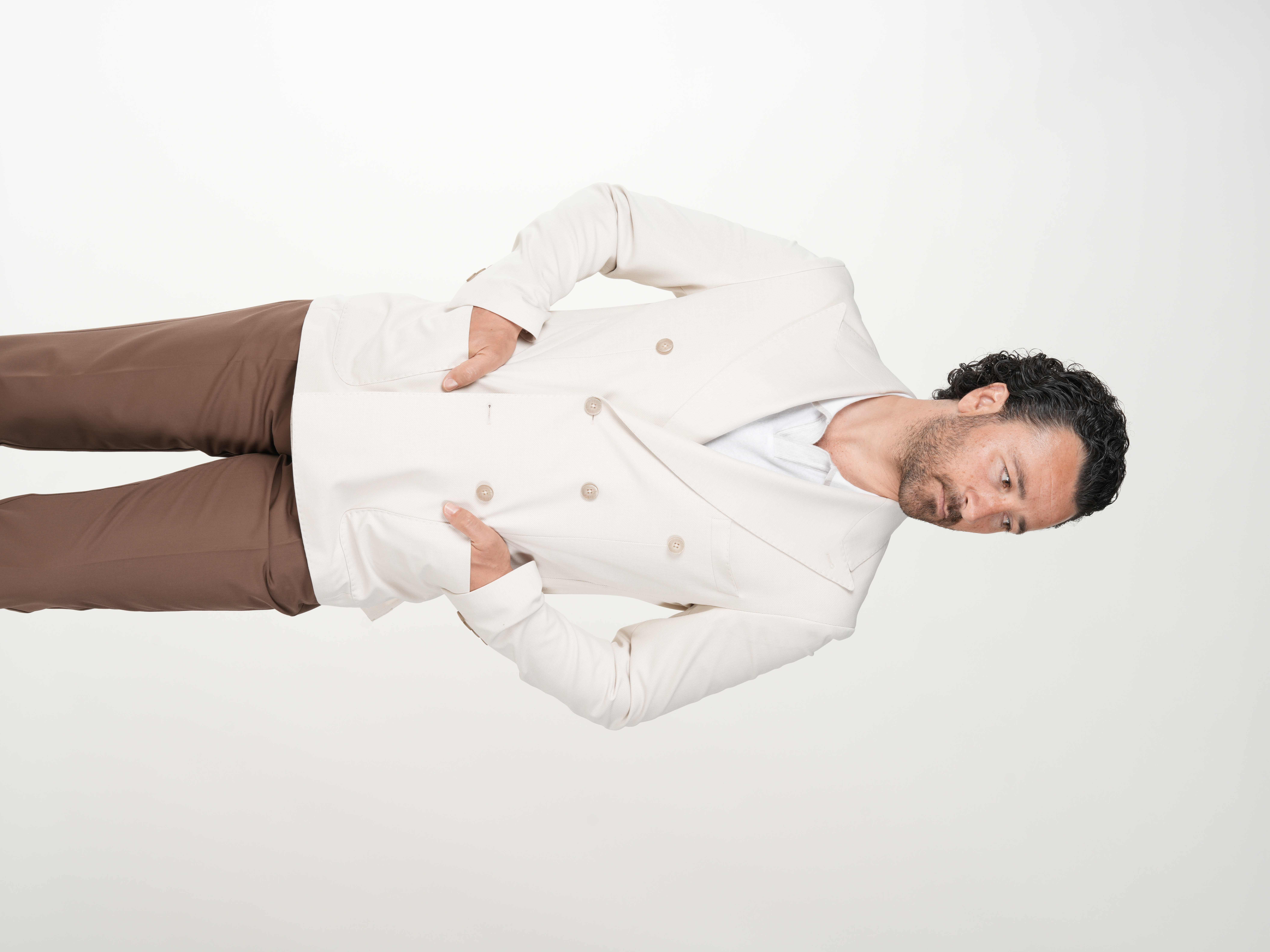 Premium Mens Slim Fit Italian Style Pocket Pocket Punto Stitched Unlined Double Breasted Jacket - Beige