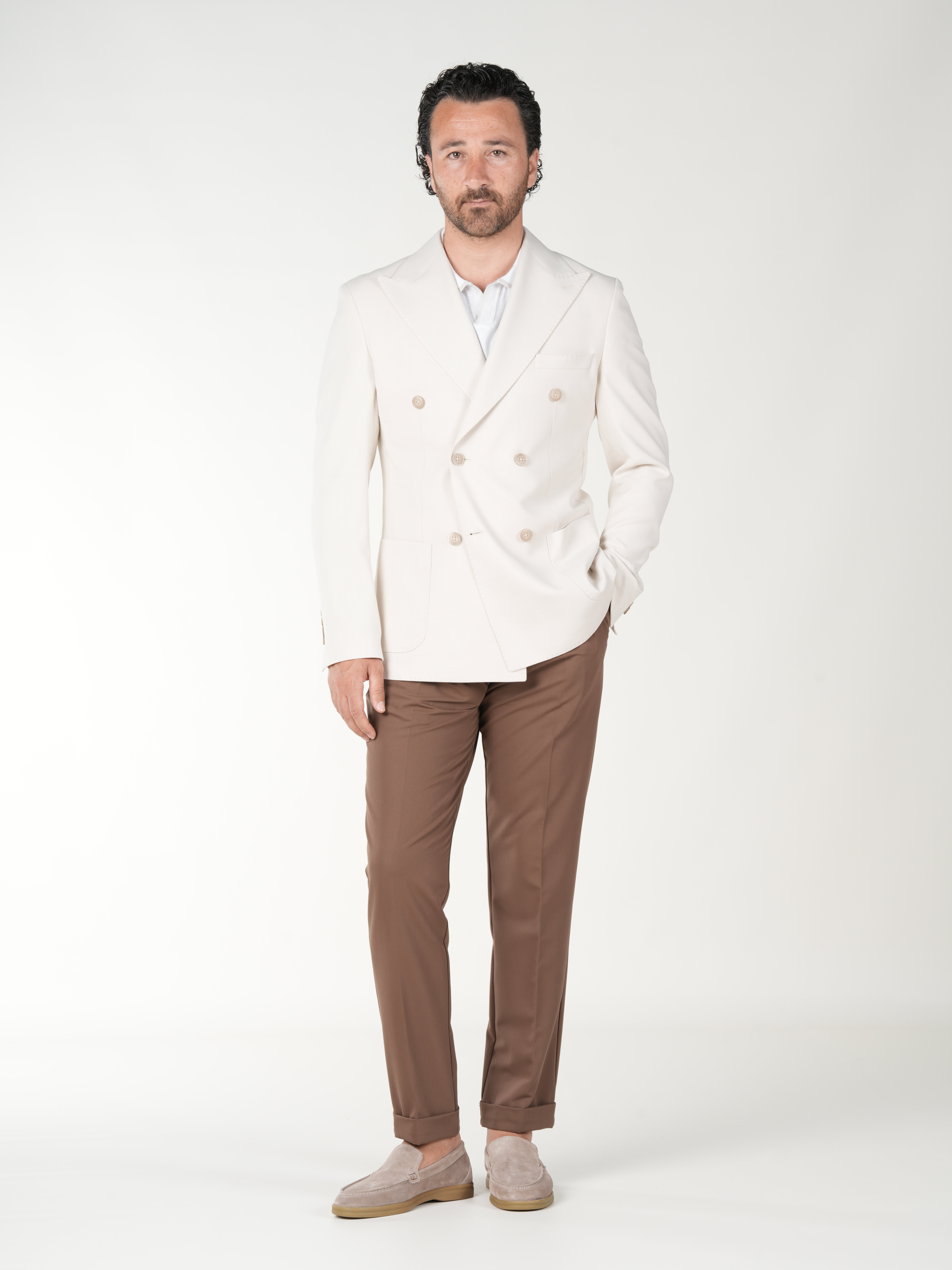 Premium Mens Slim Fit Italian Style Pocket Pocket Punto Stitched Unlined Double Breasted Jacket - Beige