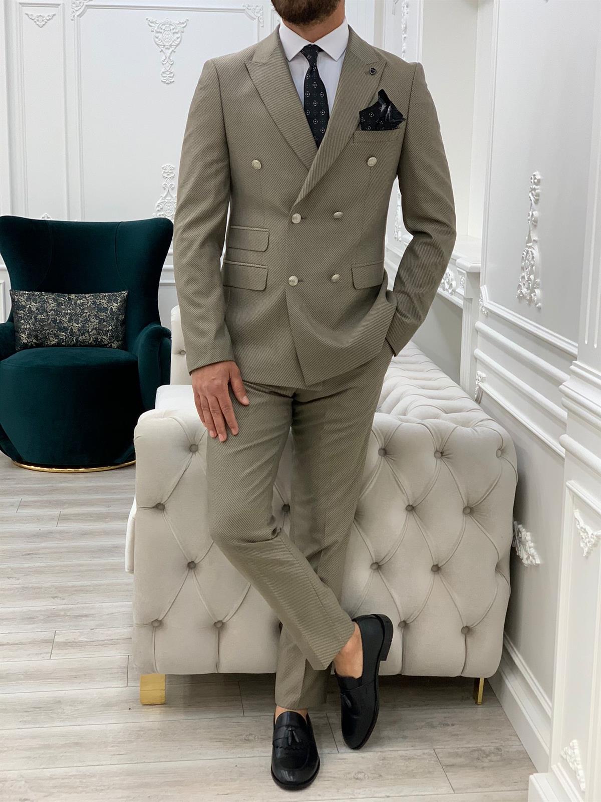 Parez Krem italyan stil Slim Fit Kruvaze Erkek Takım Elbise Ceket Pantolon  İtalyan Kesim Likralı Takım elbise