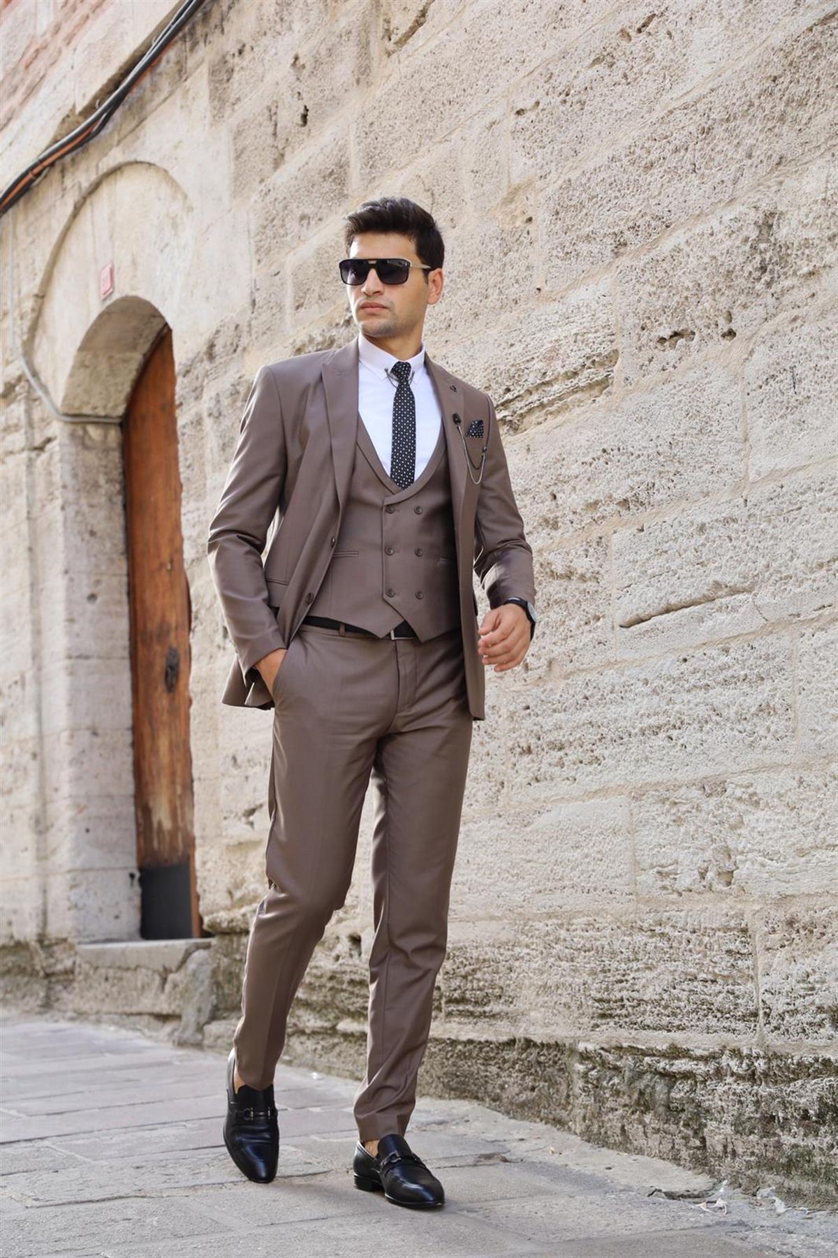 Erkek Takım Ebise Parez Klasik Slim Fit İtalyan Kesim Ceket Yelek Pantolon  Sütlü Kahve