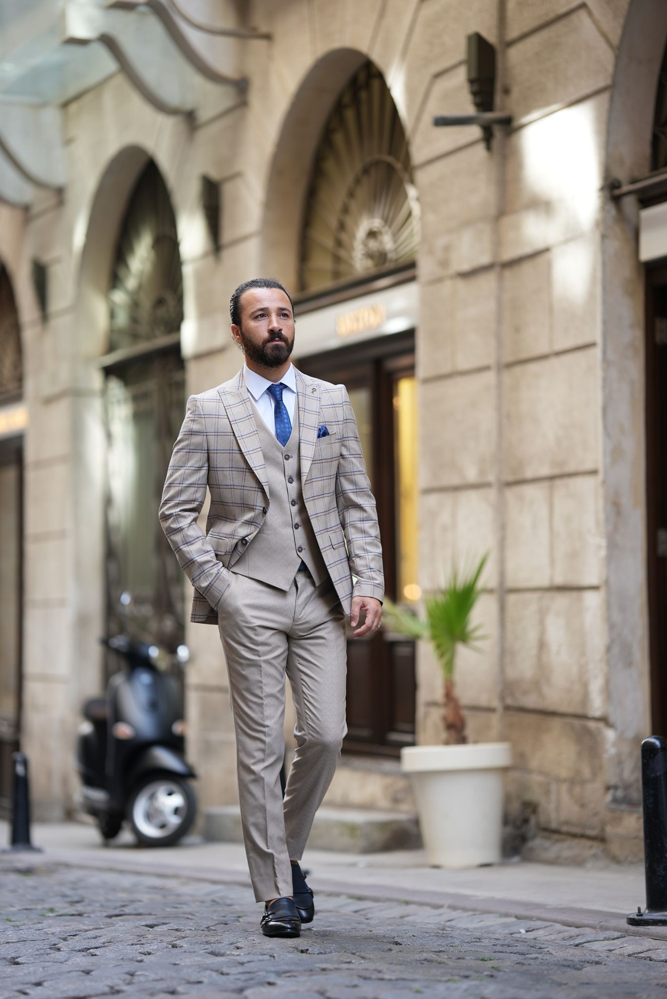 Parez Krem İtalyan Stil Erkek Ekoseli Takım Elbise Ceket Yelek Pantolon  Likralı Slim fit Takım elbise