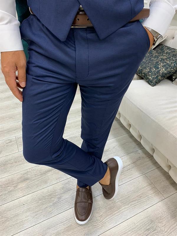 Erkek Ekoseli Takım Elbise Ceket Yelek Pantolon - Koyu Lacivert