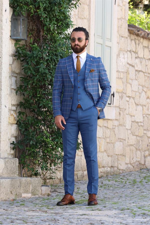 Erkek Ekoseli Takım Elbise Ceket Yelek Pantolon - Mavi