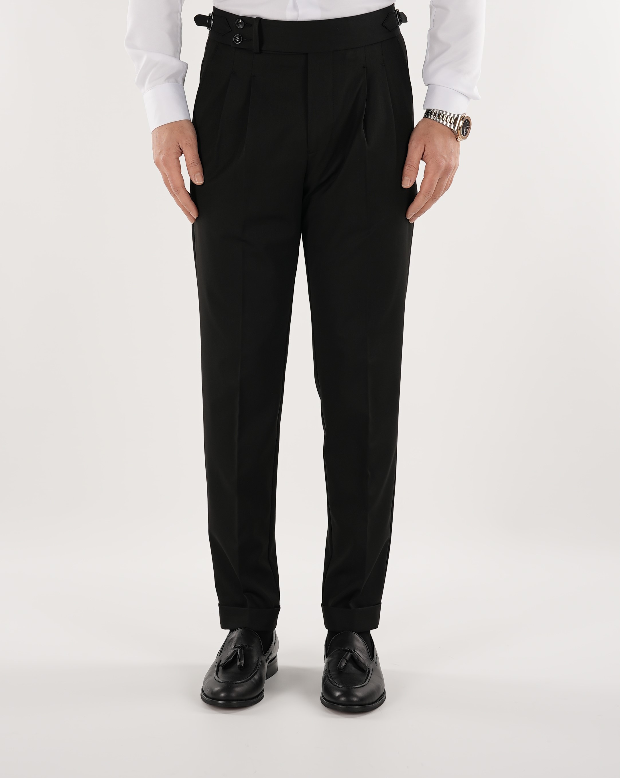 Erkek Regular Fit Yüksek Bel Piliseli-Tokalı Kumaş Pantolon-Siyah