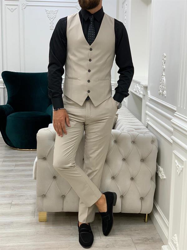 Erkek Takım Elbise Slim Fit Ceket Yelek Pantolon - Bej