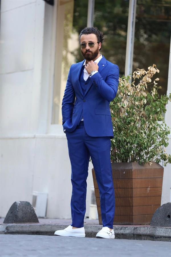 Erkek Takım Elbise Slim Fit Ceket Yelek Pantolon - Saks