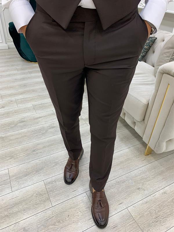 Erkek Takım Elbise Slim Fit Ceket Yelek Pantolon - Acı Kahve