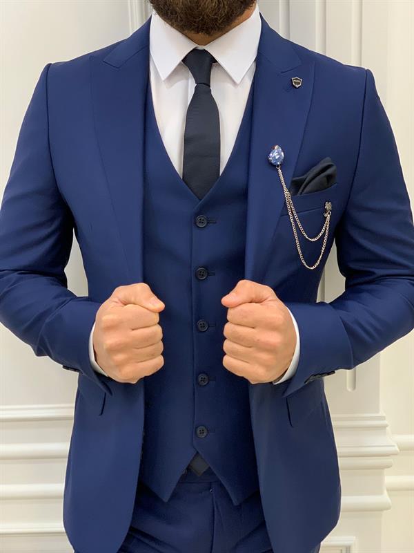 Erkek Takım Elbise Slim Fit Ceket Yelek Pantolon - İndigo