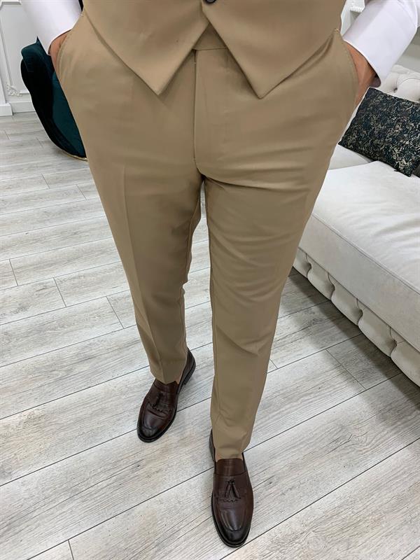 Erkek Takım Elbise Slim Fit Ceket Yelek Pantolon - Karamel