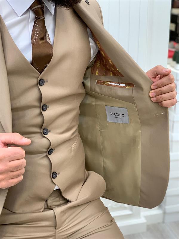 Erkek Takım Elbise Slim Fit Ceket Yelek Pantolon - Karamel