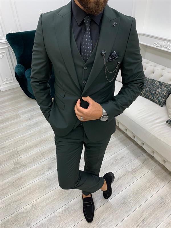 Erkek Takım Elbise Slim Fit Ceket Yelek Pantolon - Haki